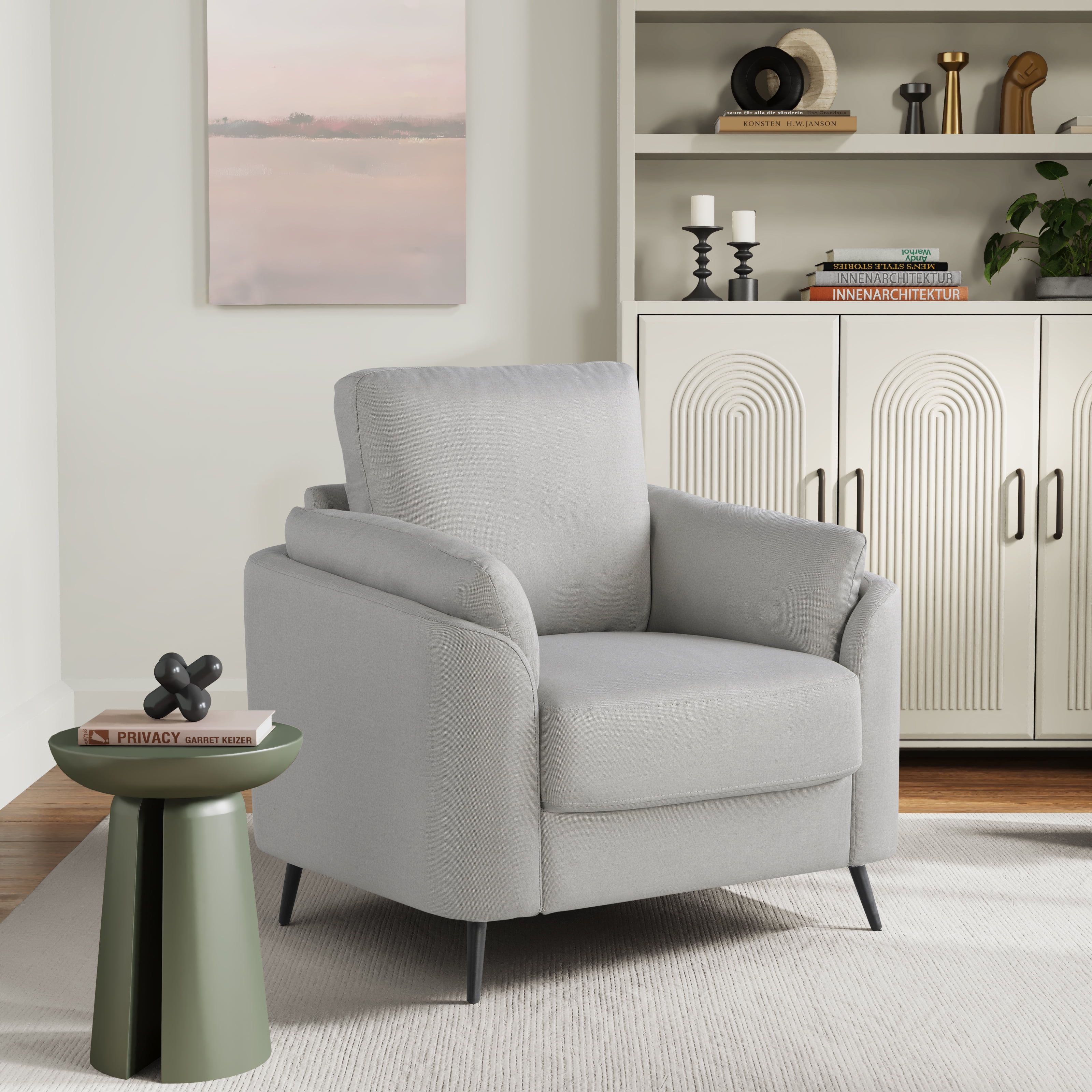 Gray Barrel Accent Chair with Wood Frame and Polyester Upholstery