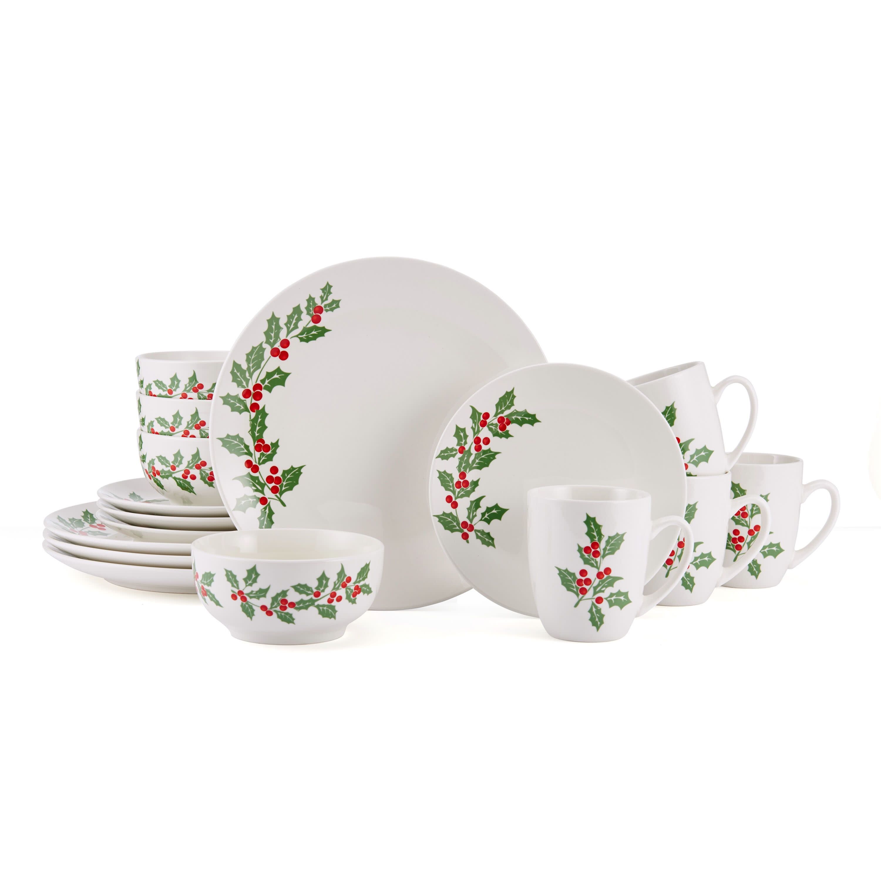 Holly Cheer White Porcelain 16-Piece Dinnerware Set, Service for 4