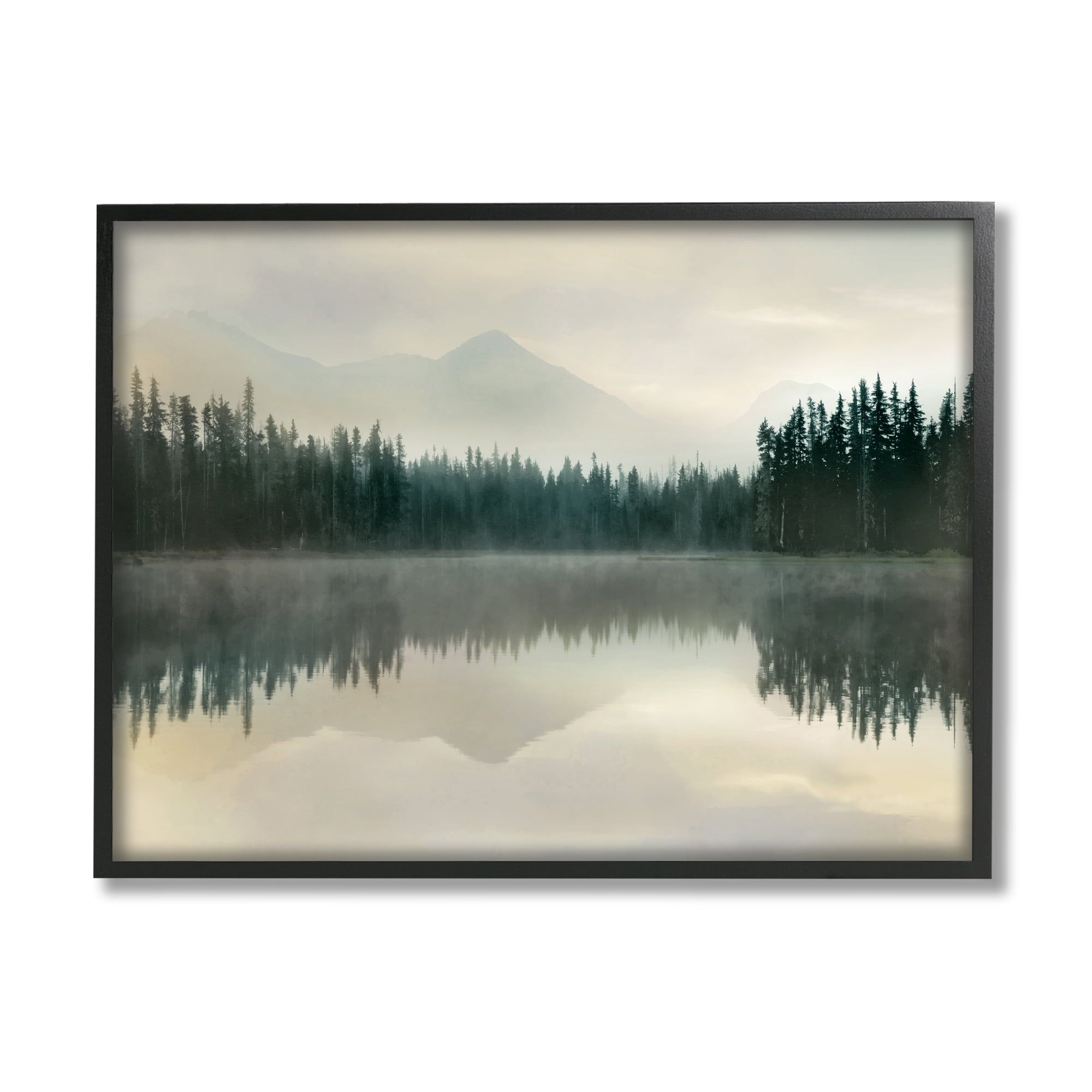 Foggy Lake Forest Landscape Black Framed Canvas Print