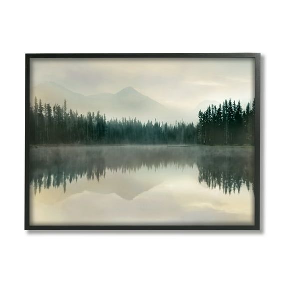 Foggy Lake Forest Landscape Black Framed Canvas Print