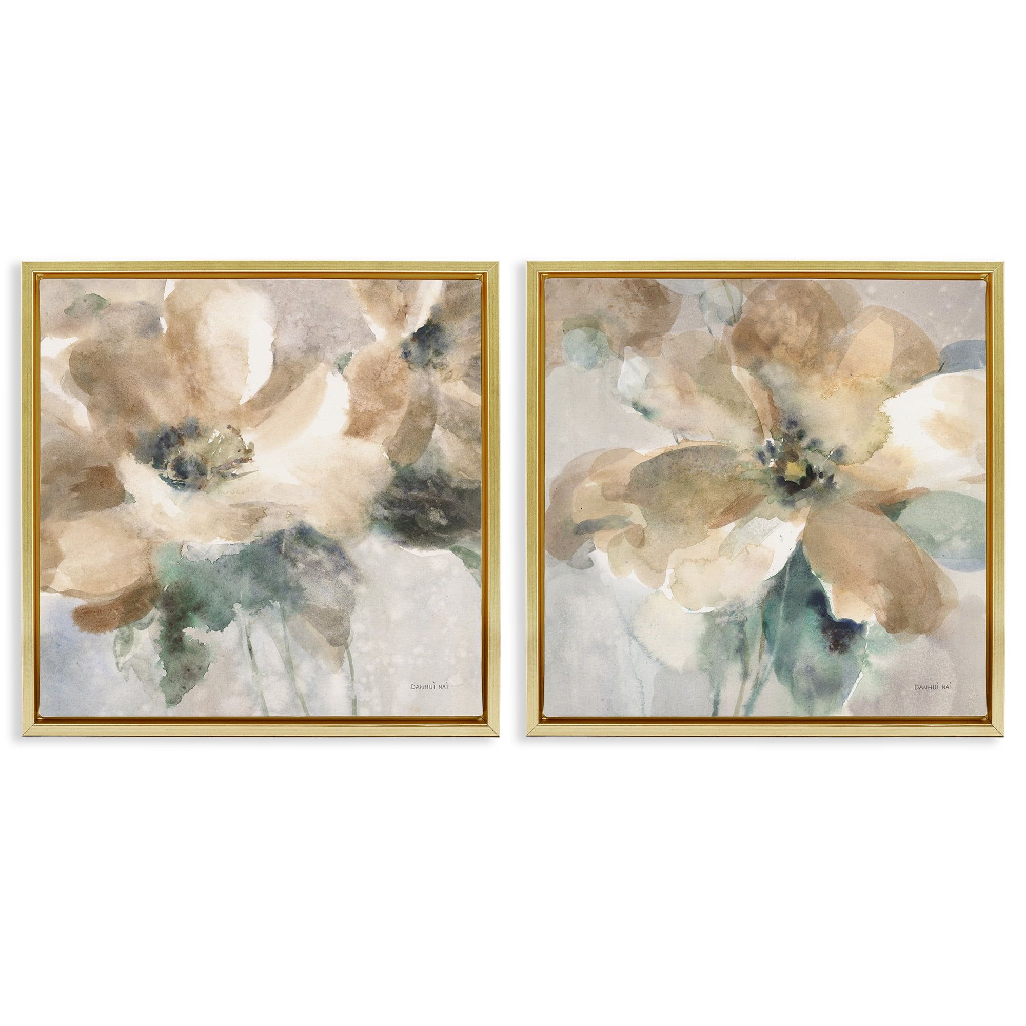 25" x 25" Gold Framed Abstract Beige Floral Canvas Art