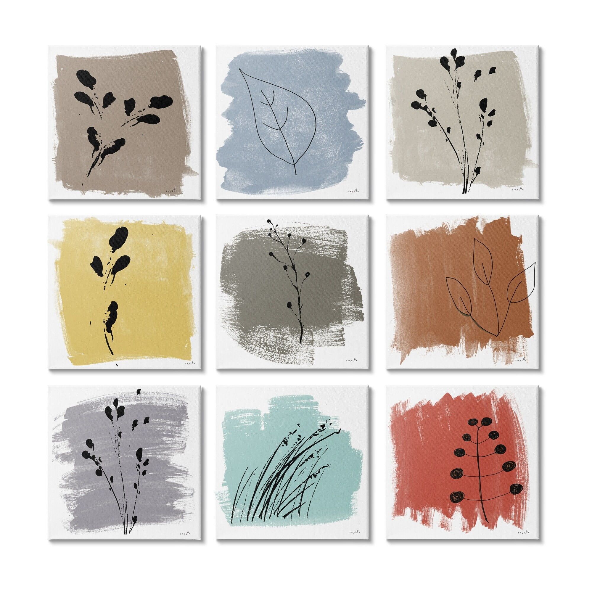 Abstract Botanical Canvas Wall Art Set, 12 x 12, Multicolor