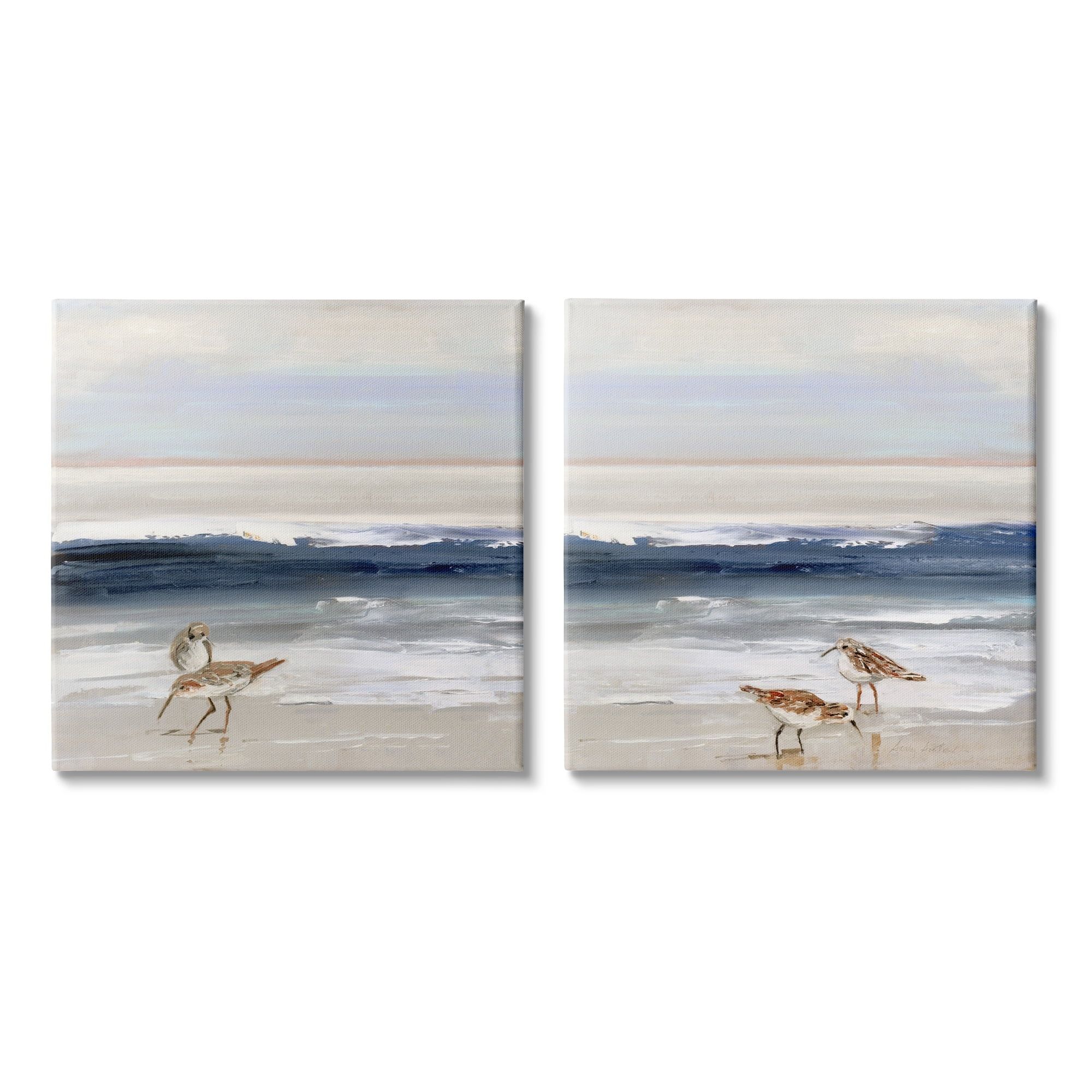 Blue and Beige Coastal Birds on Canvas Wall Art Set, 17x17