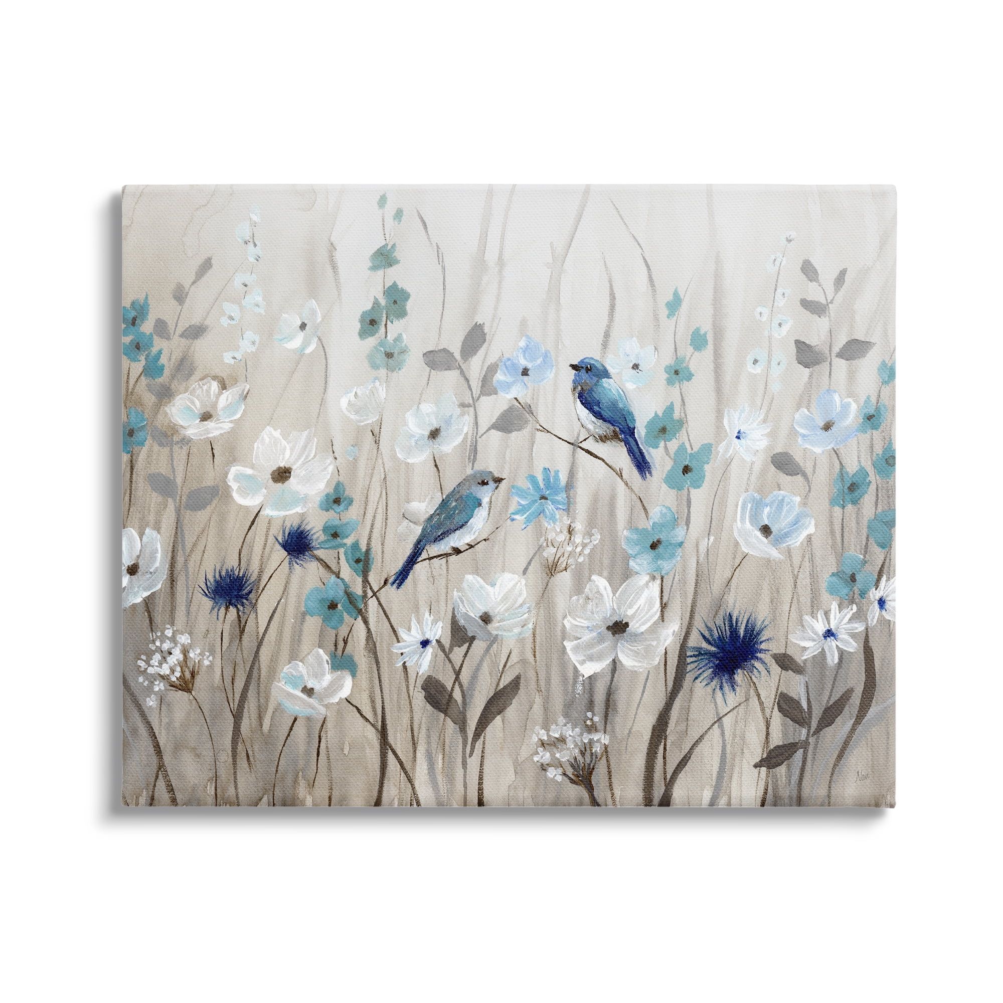 Blue and White Floral Meadow Birds Canvas Wall Art