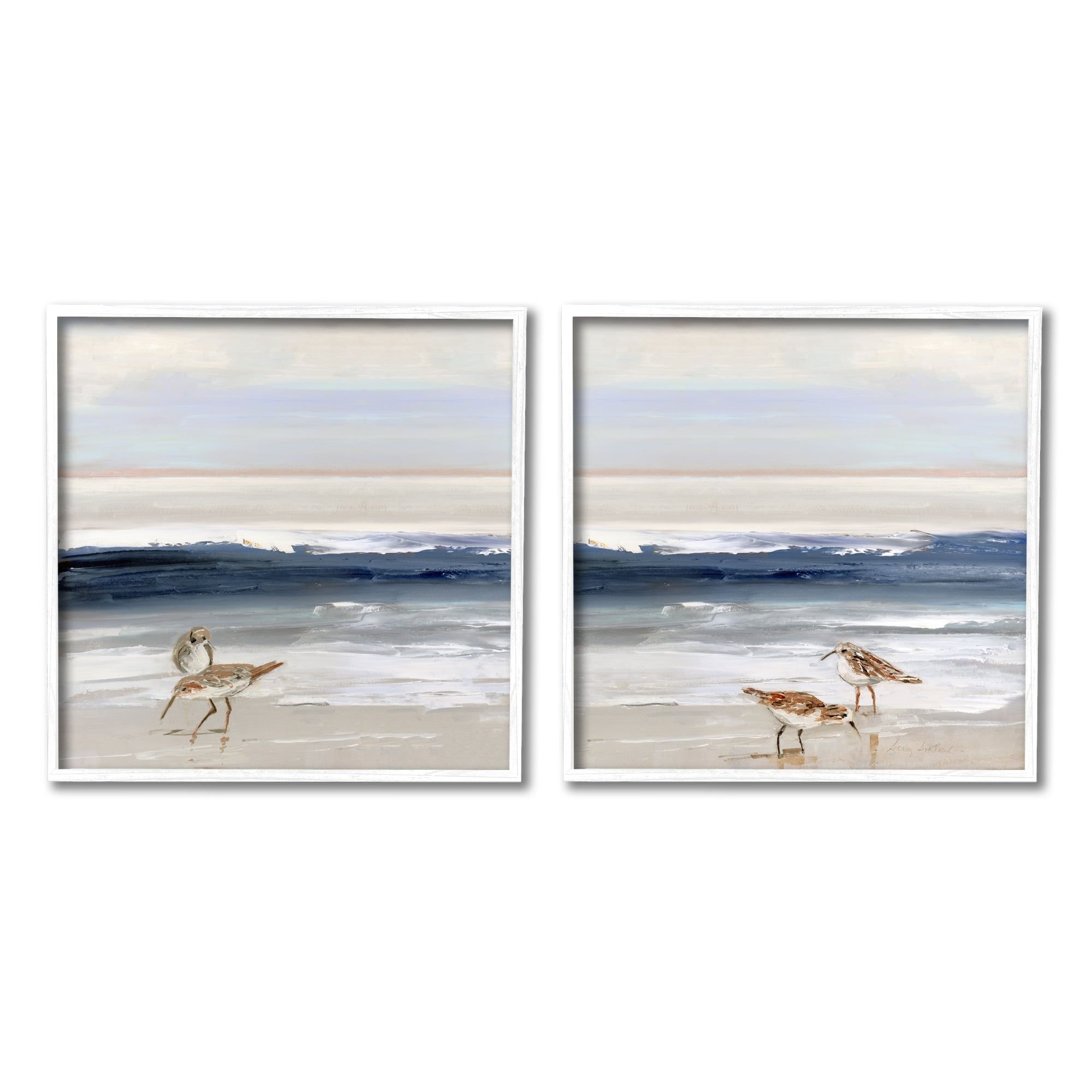 White Framed Beach Shore Birds Landscape Art Print Set, 12x12