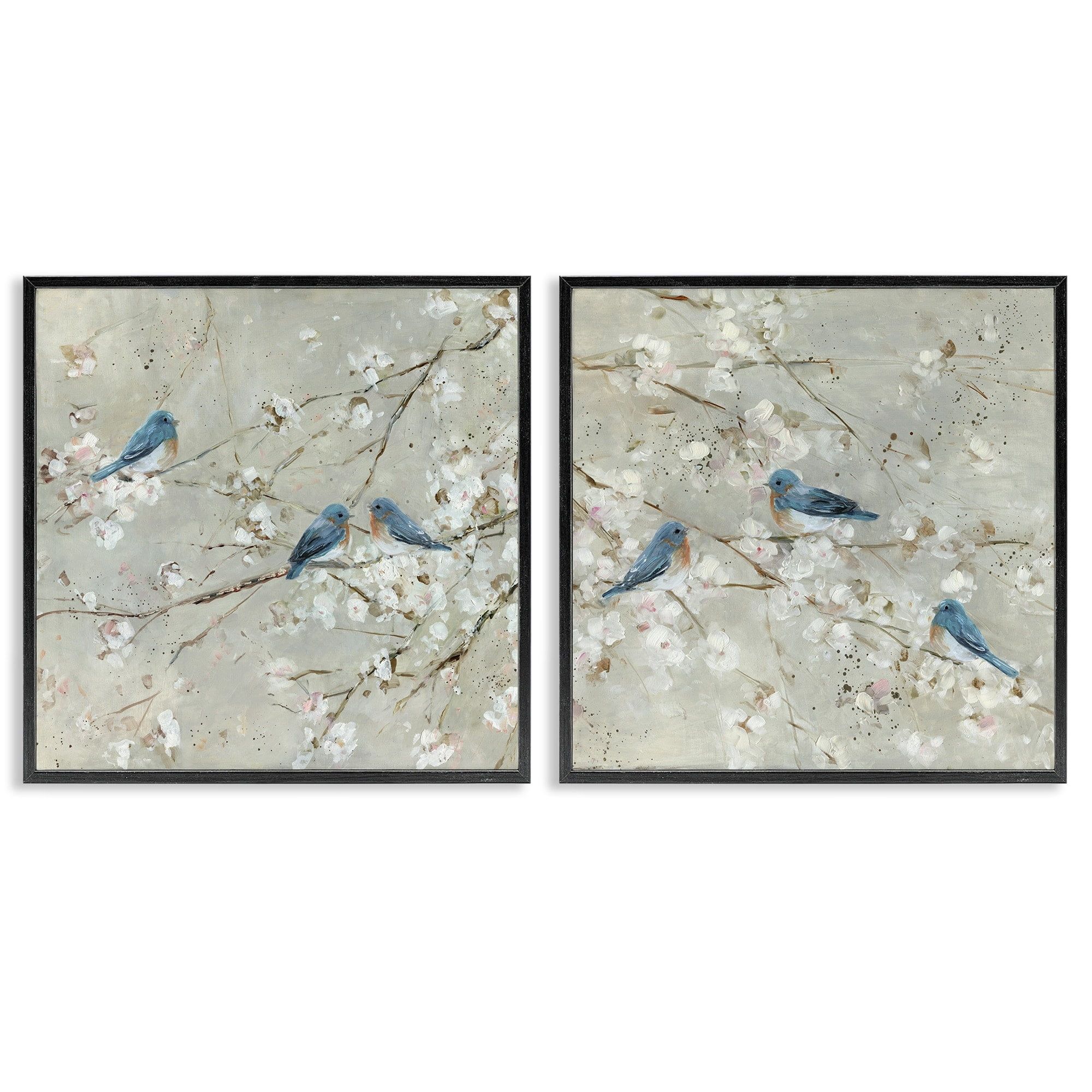 Blue Birds on Blossoming Tree Canvas Print, 17 x 17, White Frame