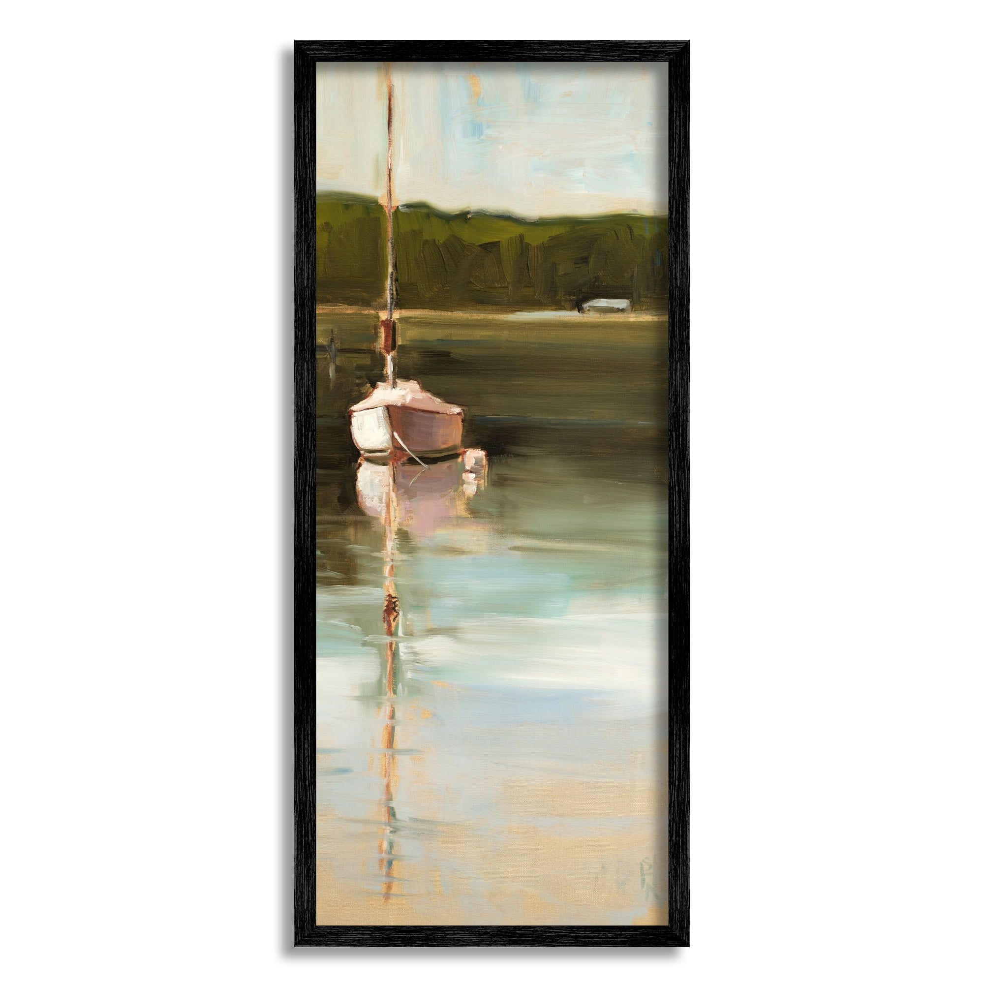 Serene Boat Reflection Canvas Print with Black Frame, 13 x 30