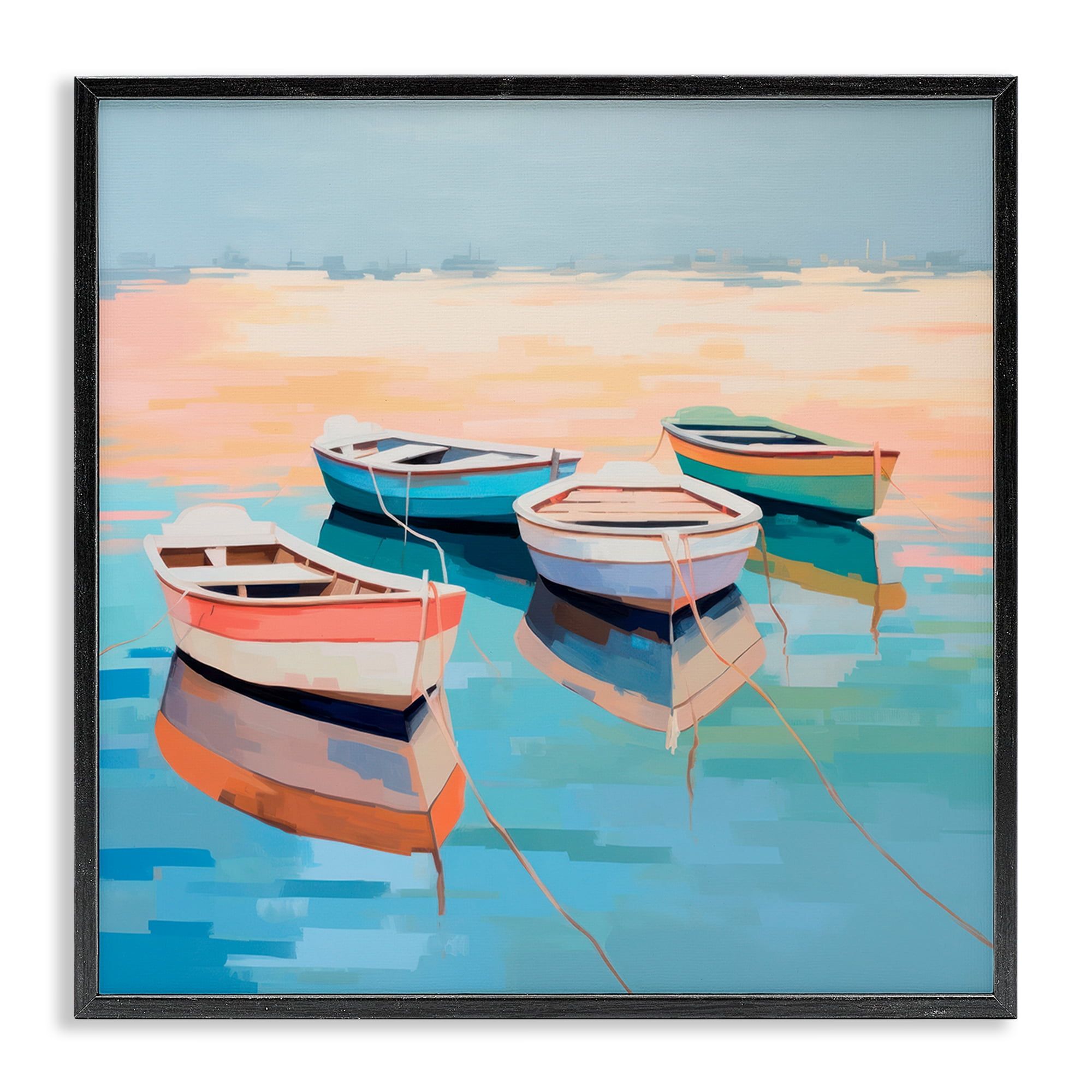 Colorful Boat Reflection Canvas Print with Black Frame, 17 x 17