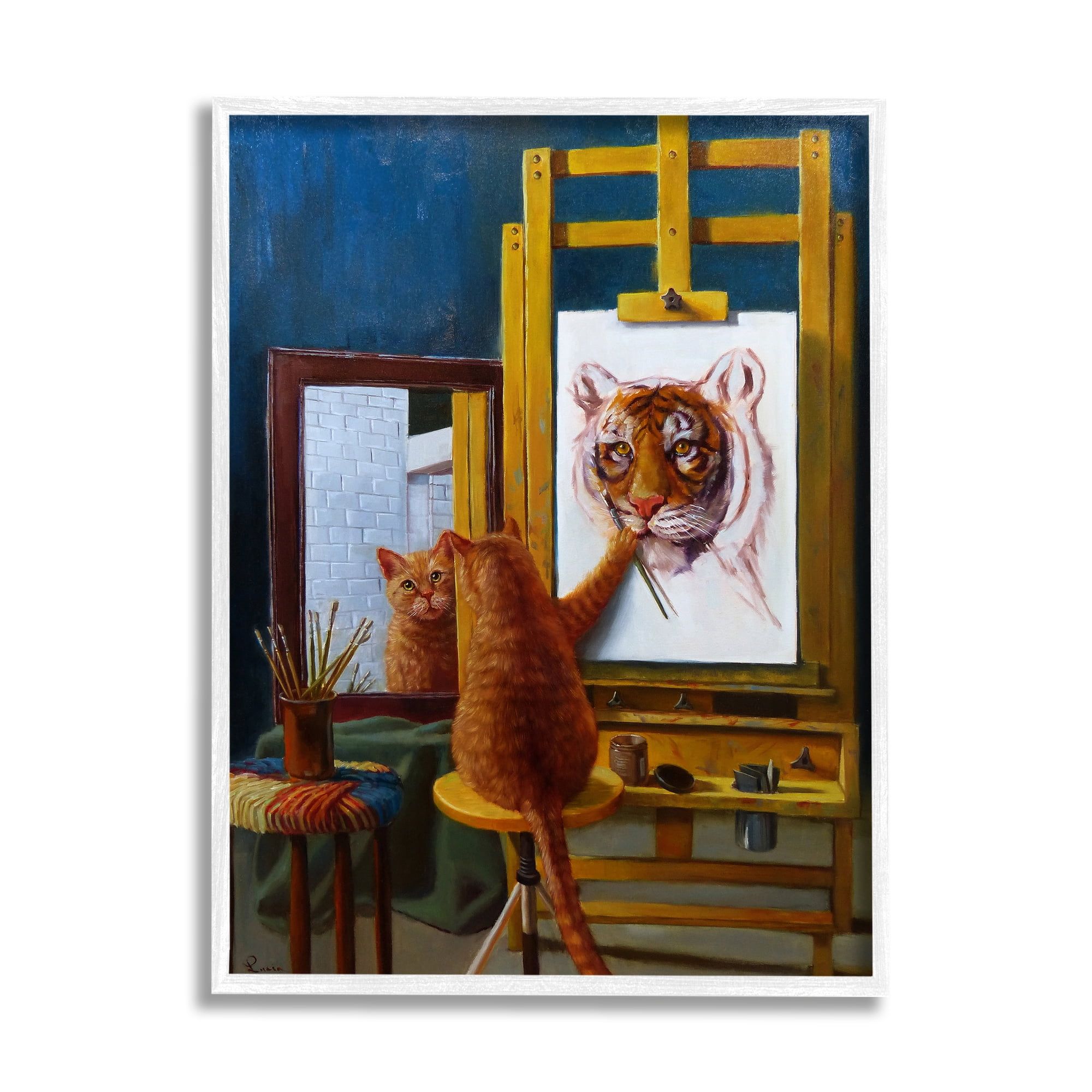 White Framed Cat Painting Self Portrait as Tiger, 11 x 14