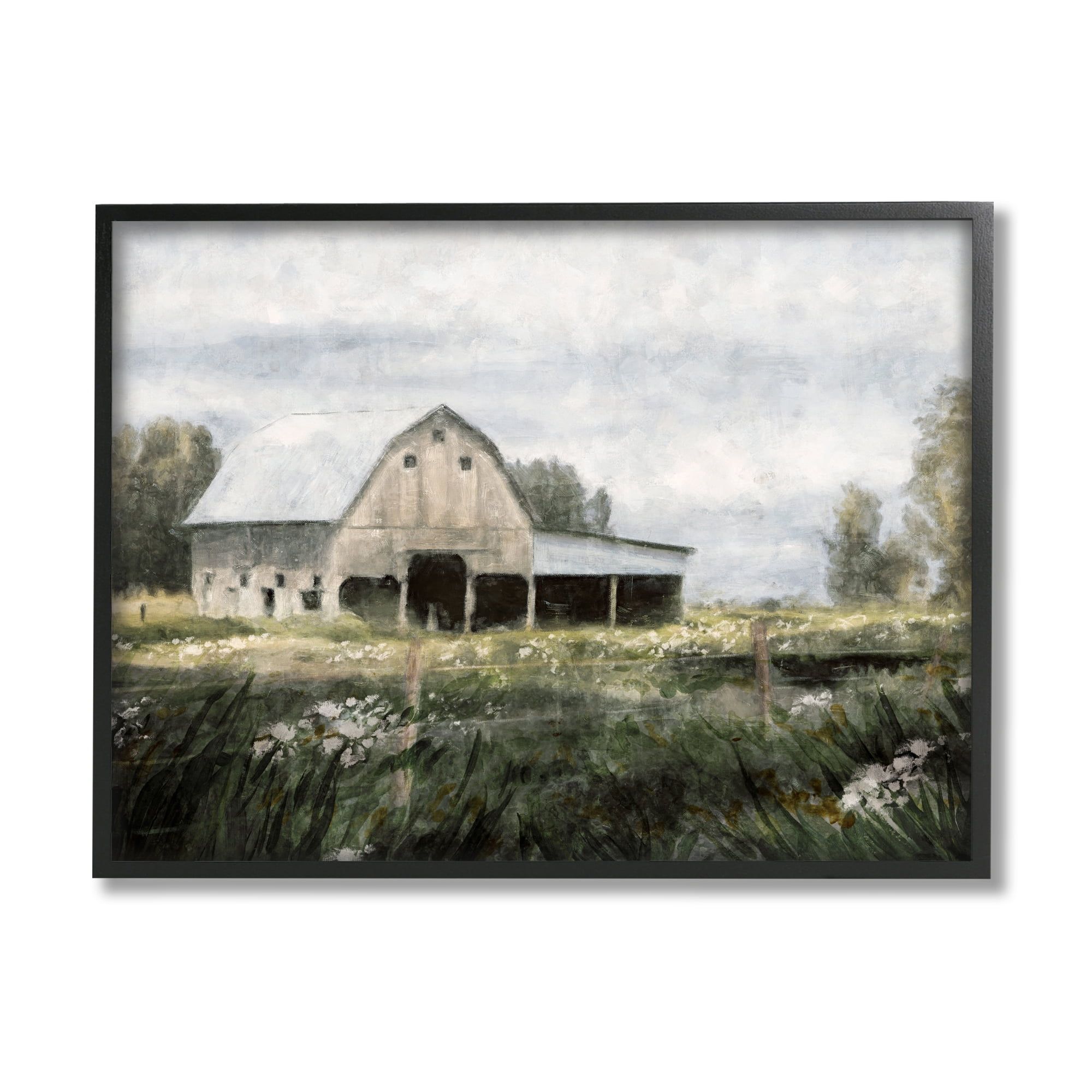 Country Farmhouse Barn Meadow Landscape Print on Canvas with Black Frame