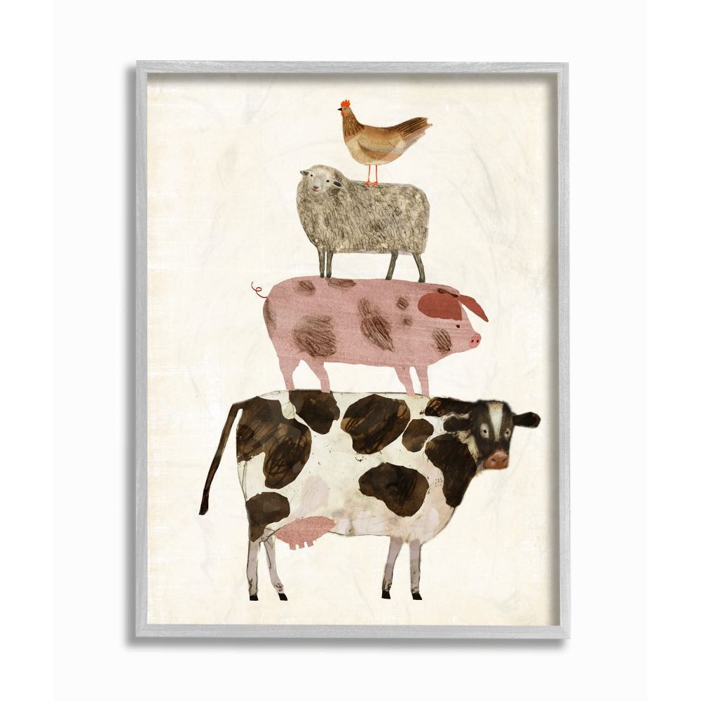 Farmyard Animals Stacked Print on Canvas with Gray Frame