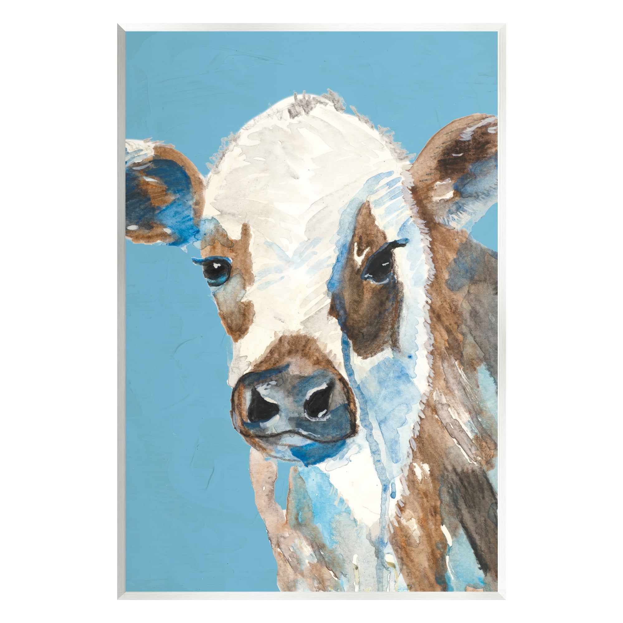 Rustic Blue and Brown Cow Art Print on MDF Wood