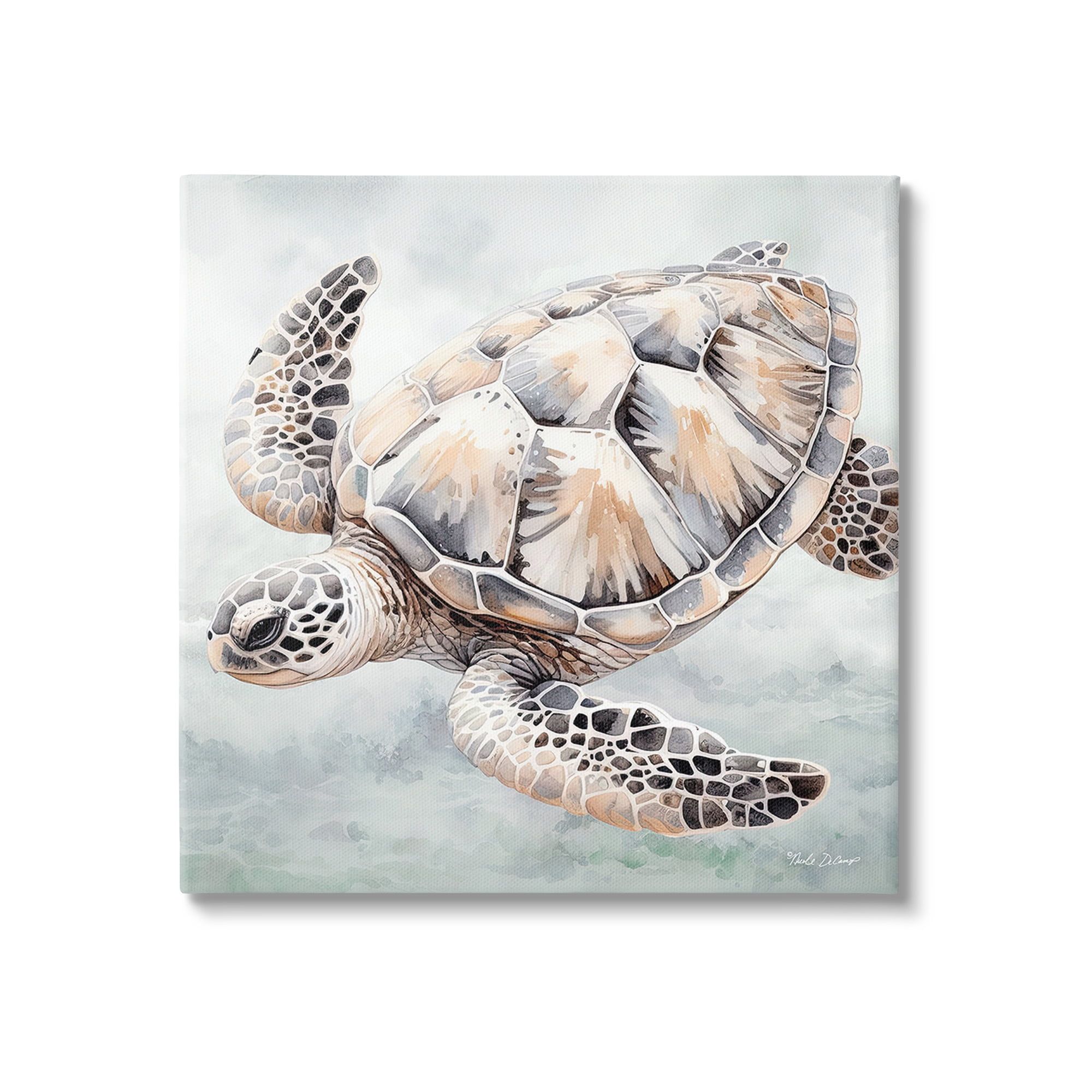 Detailed Sea Turtle Canvas Wall Art in Neutral Tones, 17 x 17