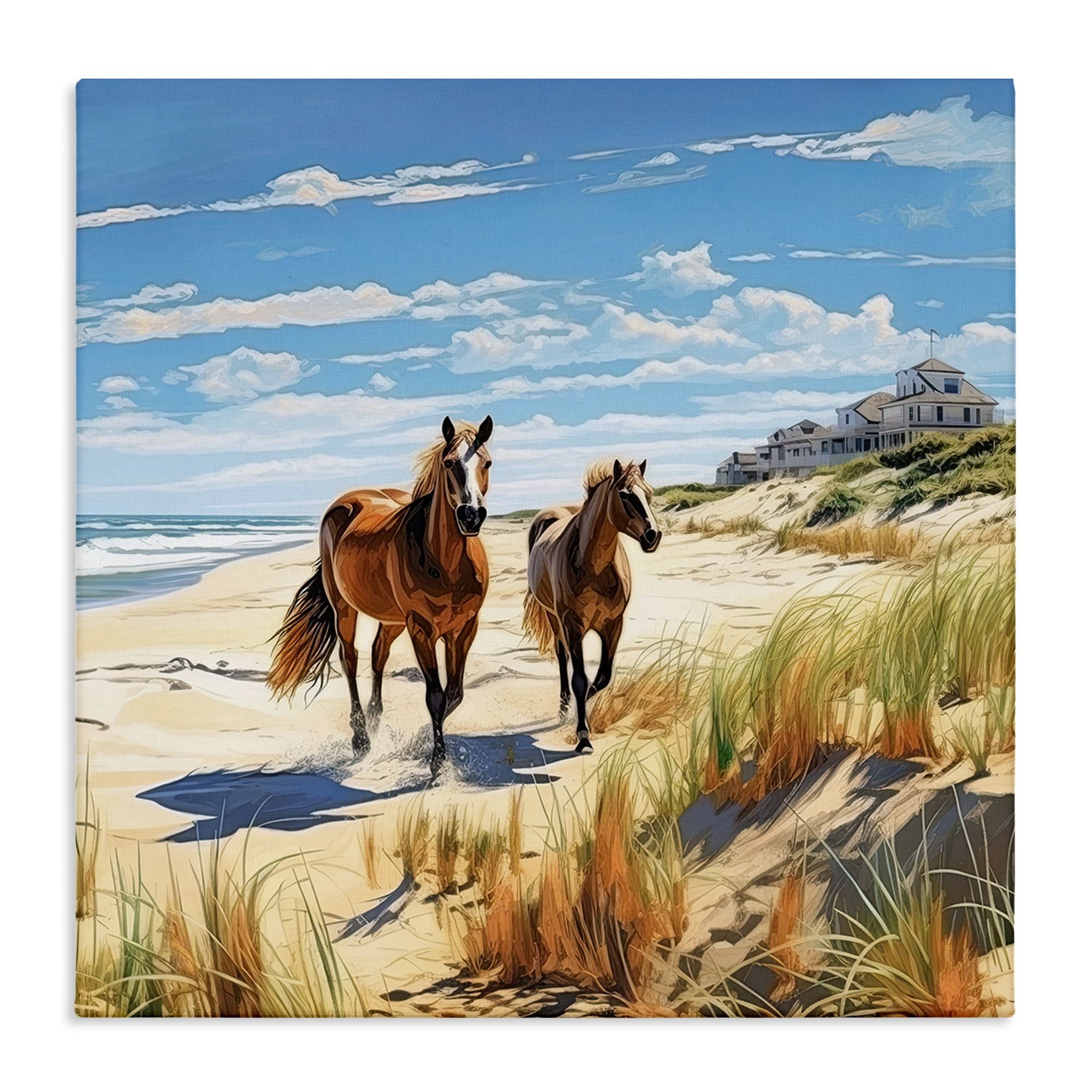 Galloping Beach Horses Coastal Canvas Wall Art, 17 x 17