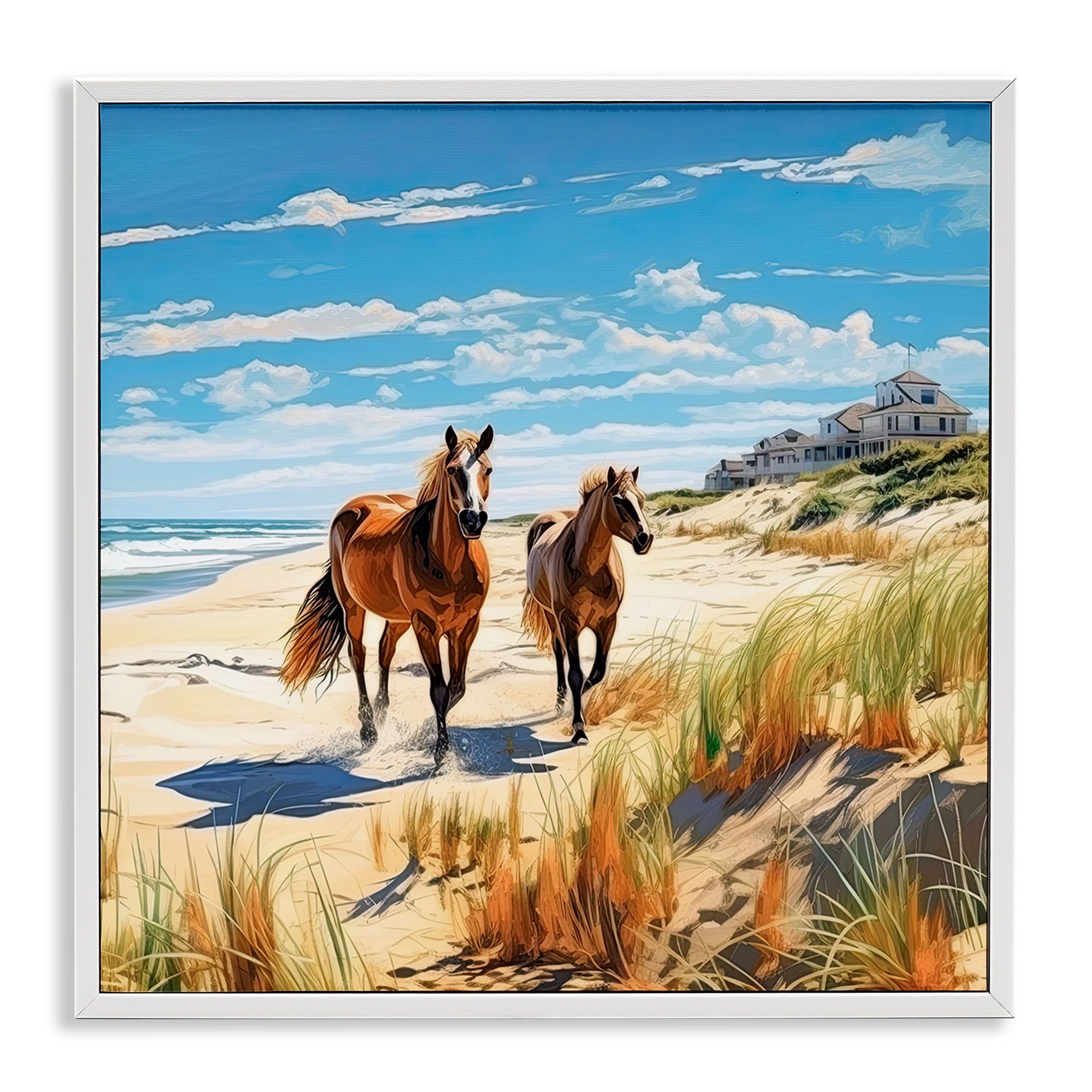 Galloping Beach Horses Coastal Canvas Print in White Frame, 24 x 24