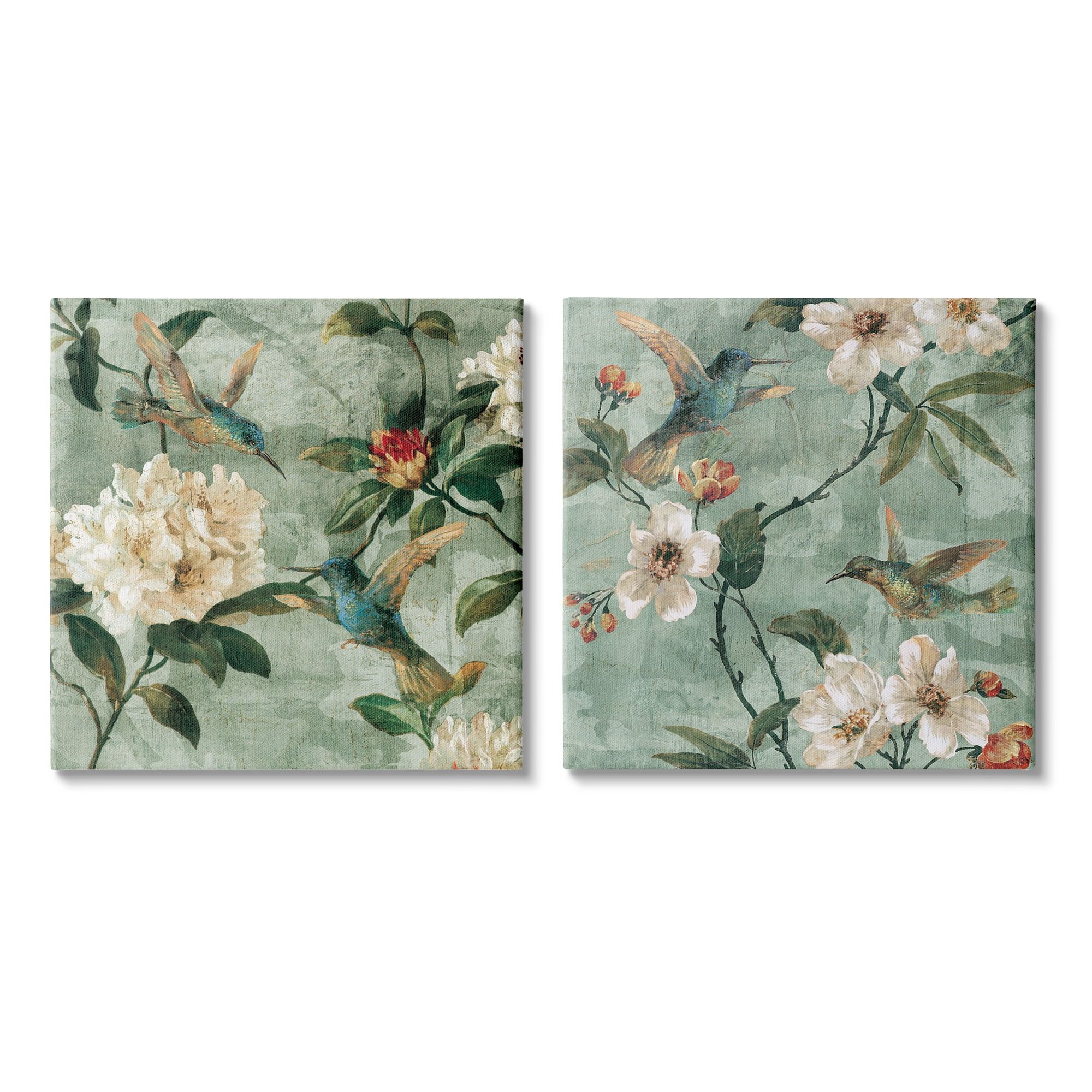 Hummingbirds and Florals Green Canvas Wall Art Set, 17 x 17