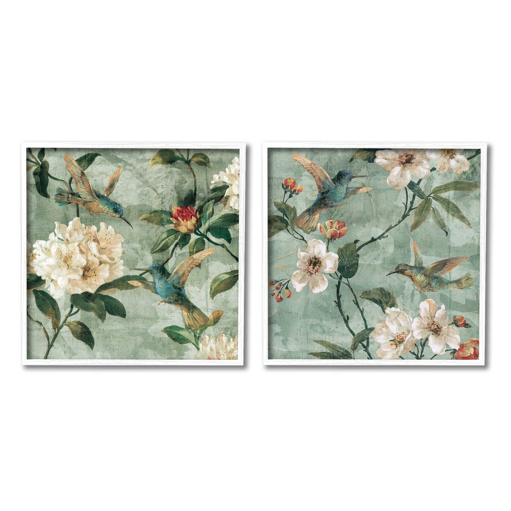 Hummingbirds and Florals Green Canvas Art Set with White Frame