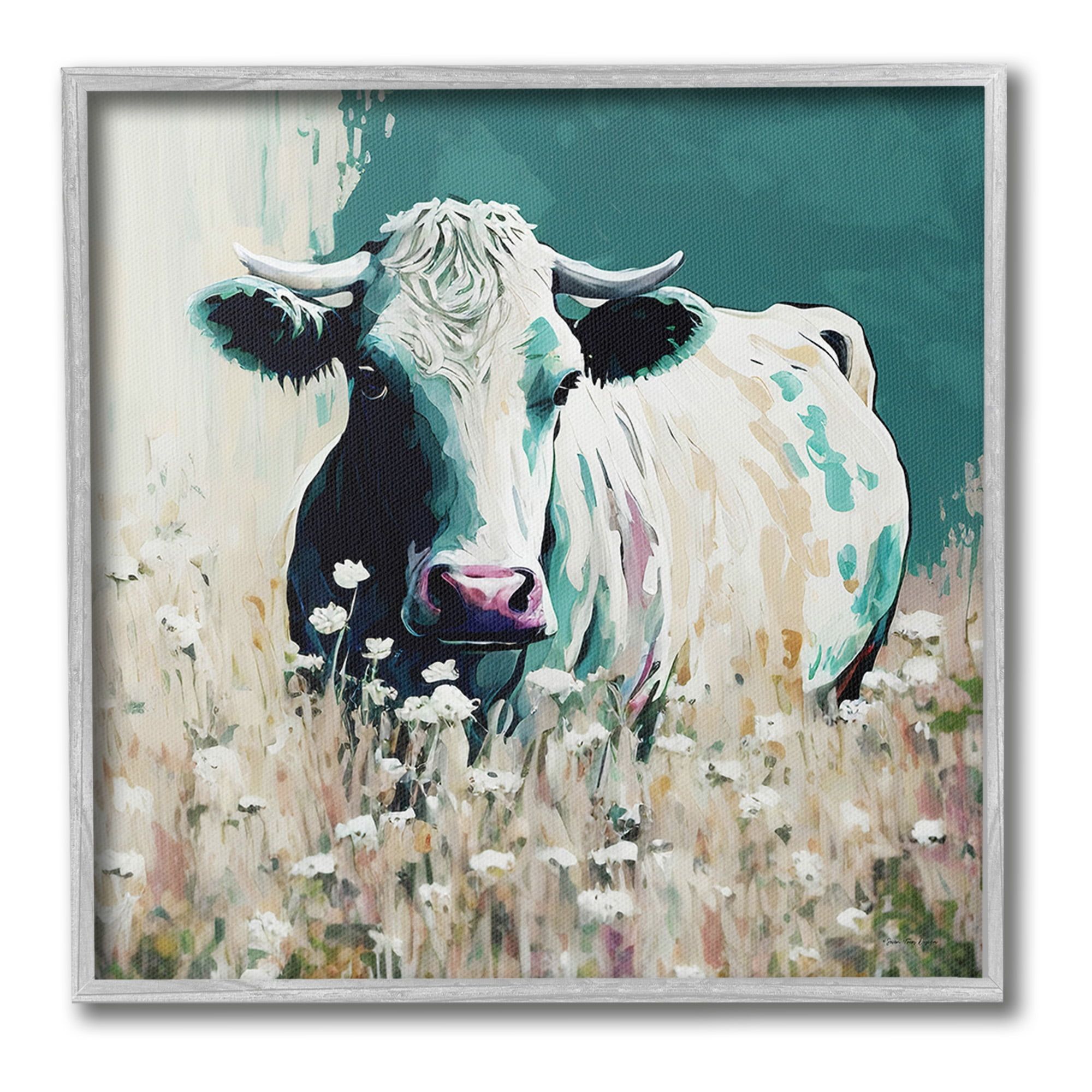 Modern Cow in Meadow Gray Framed 24" x 24" Art Print