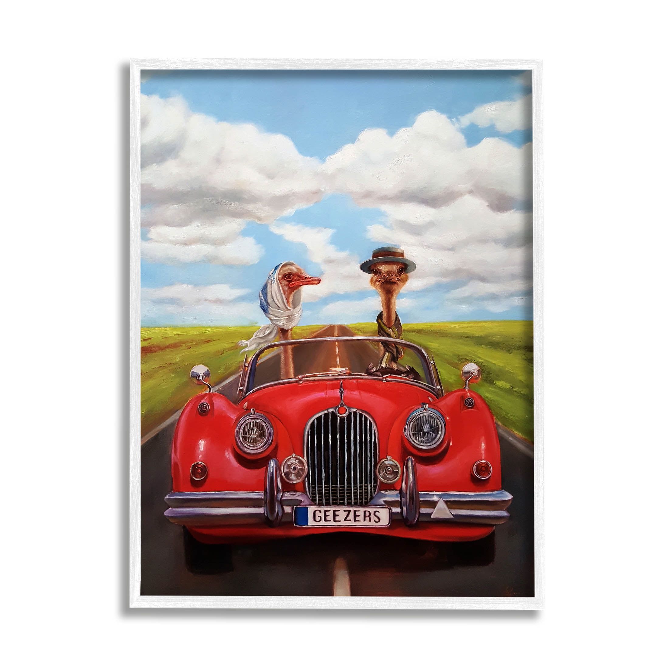 Ostrich Couple in Red Convertible White Framed Art Print