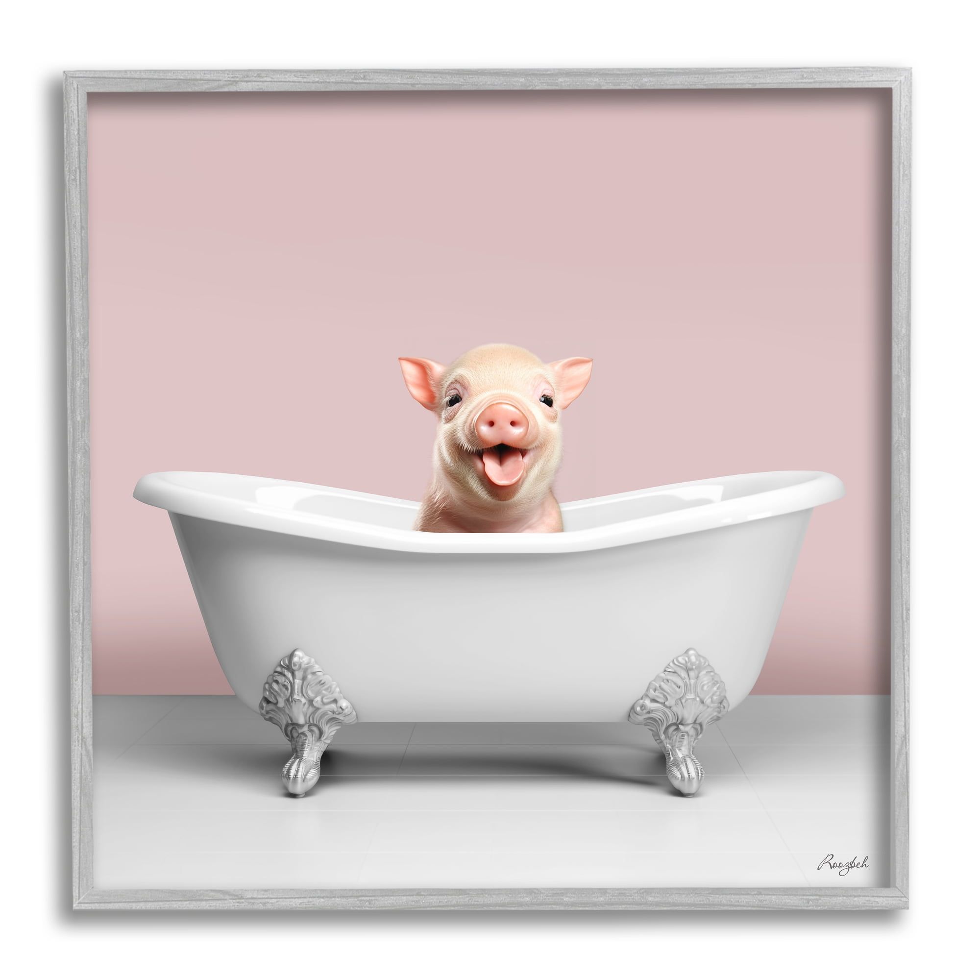 Pastel Piglet in Bathtub Gray Framed Canvas Print, 12 x 12