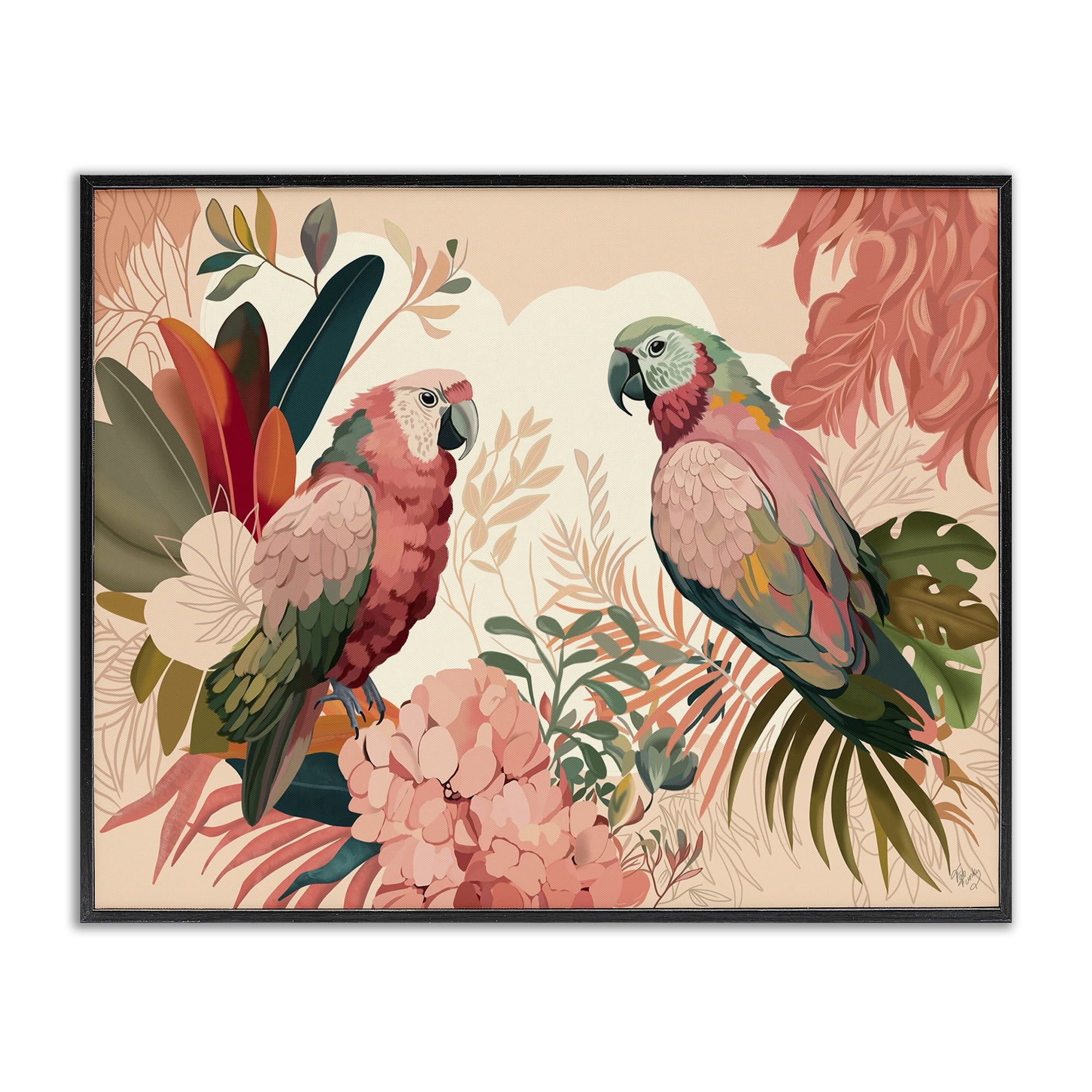 Pink and Green Parrots Canvas Print with Black Frame, 30 x 24