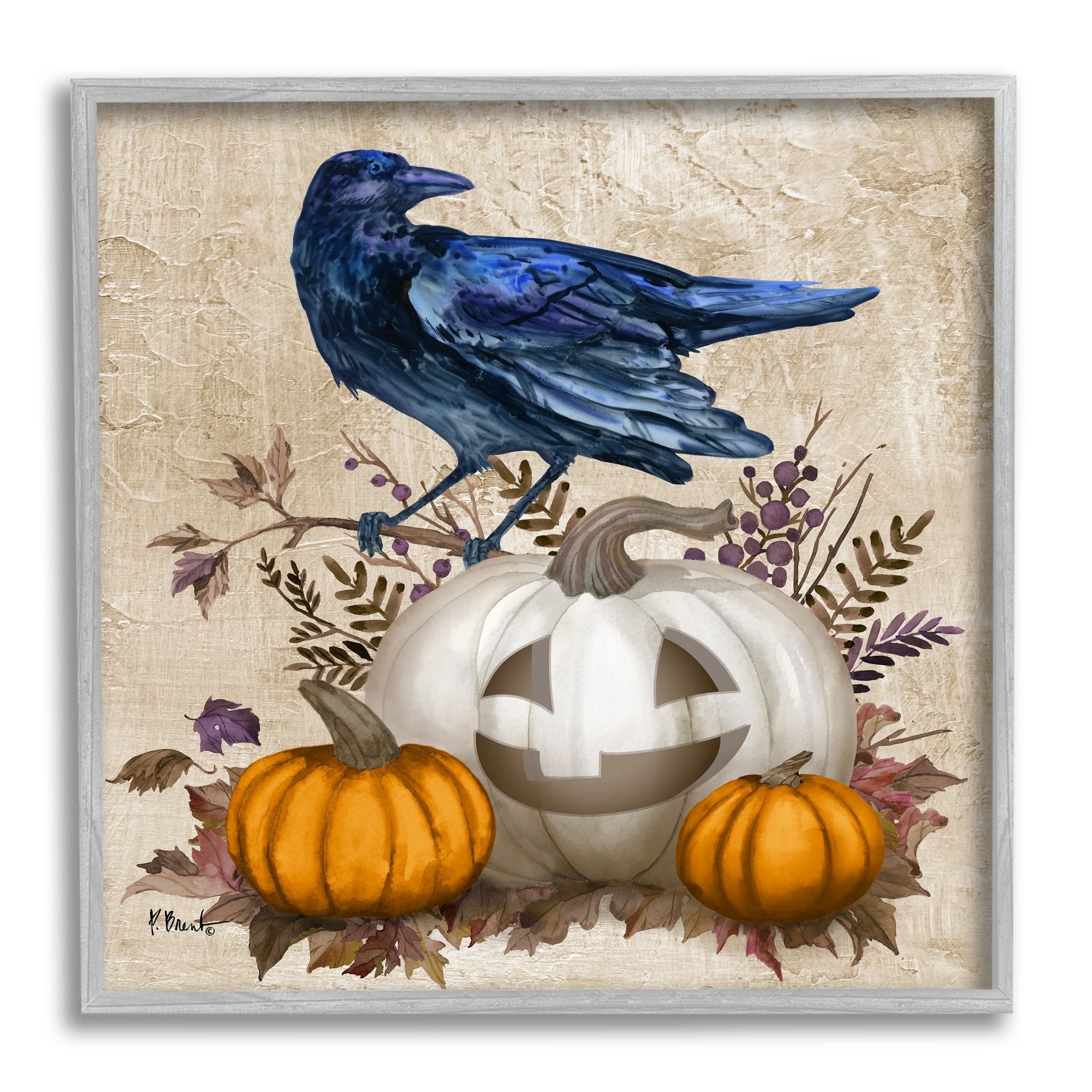 Raven and Jack-O-Lantern Fall Wood Framed Art, 12 x 12