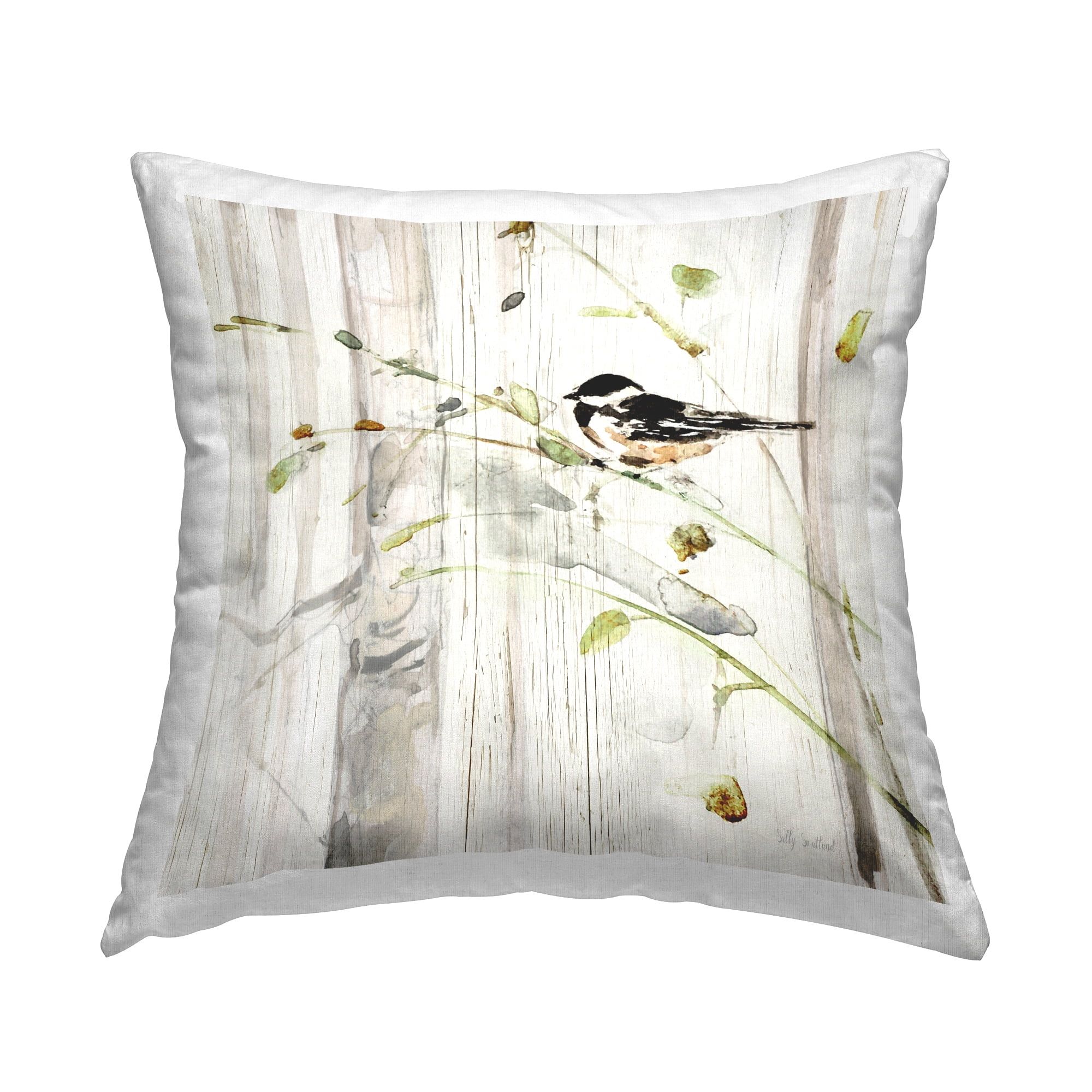 Rustic Bird Perched Beige Cotton Square Throw Pillow, 18 x 18