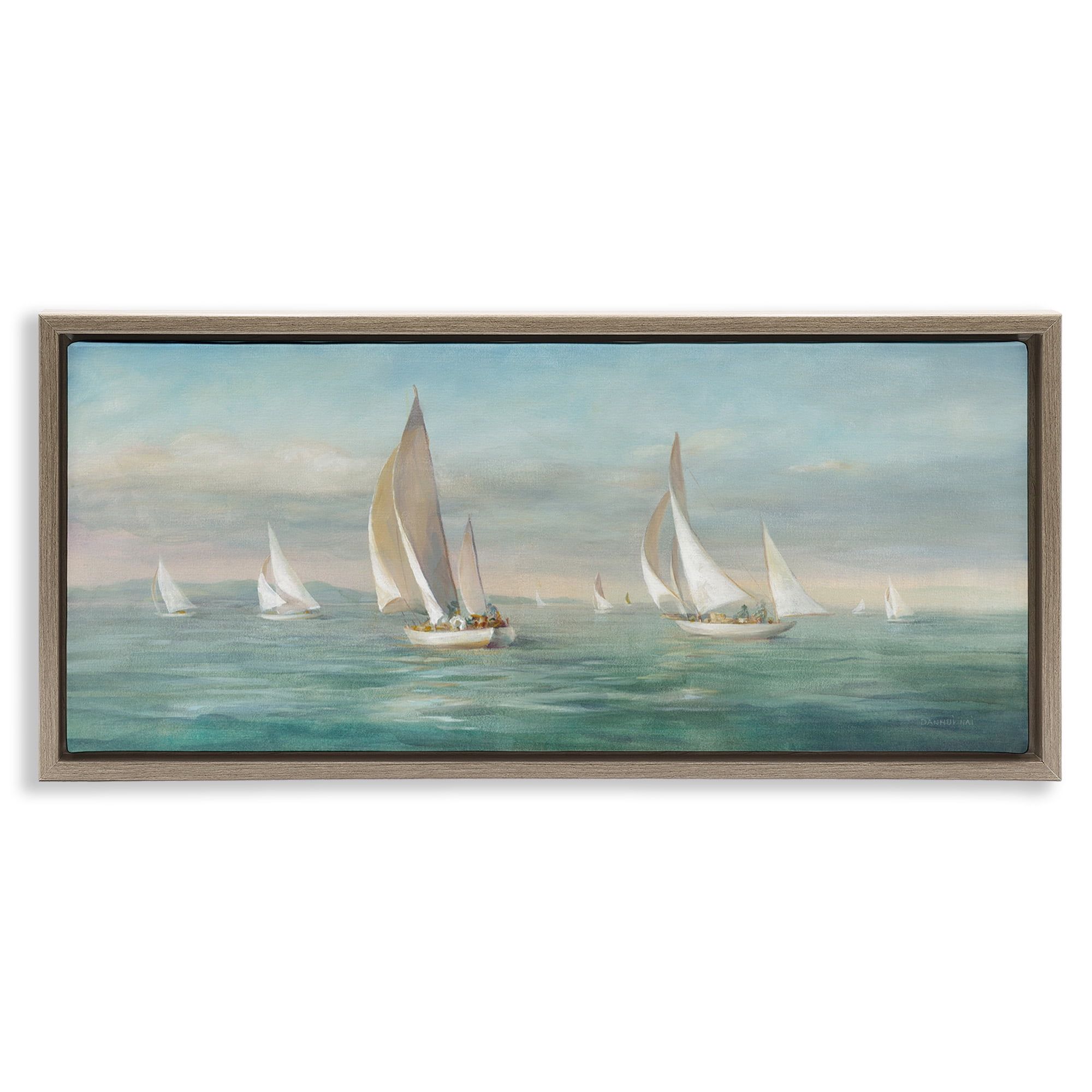 Sailboat Fleet Ocean Waves Brown Framed Canvas Art Print, 25 x 11