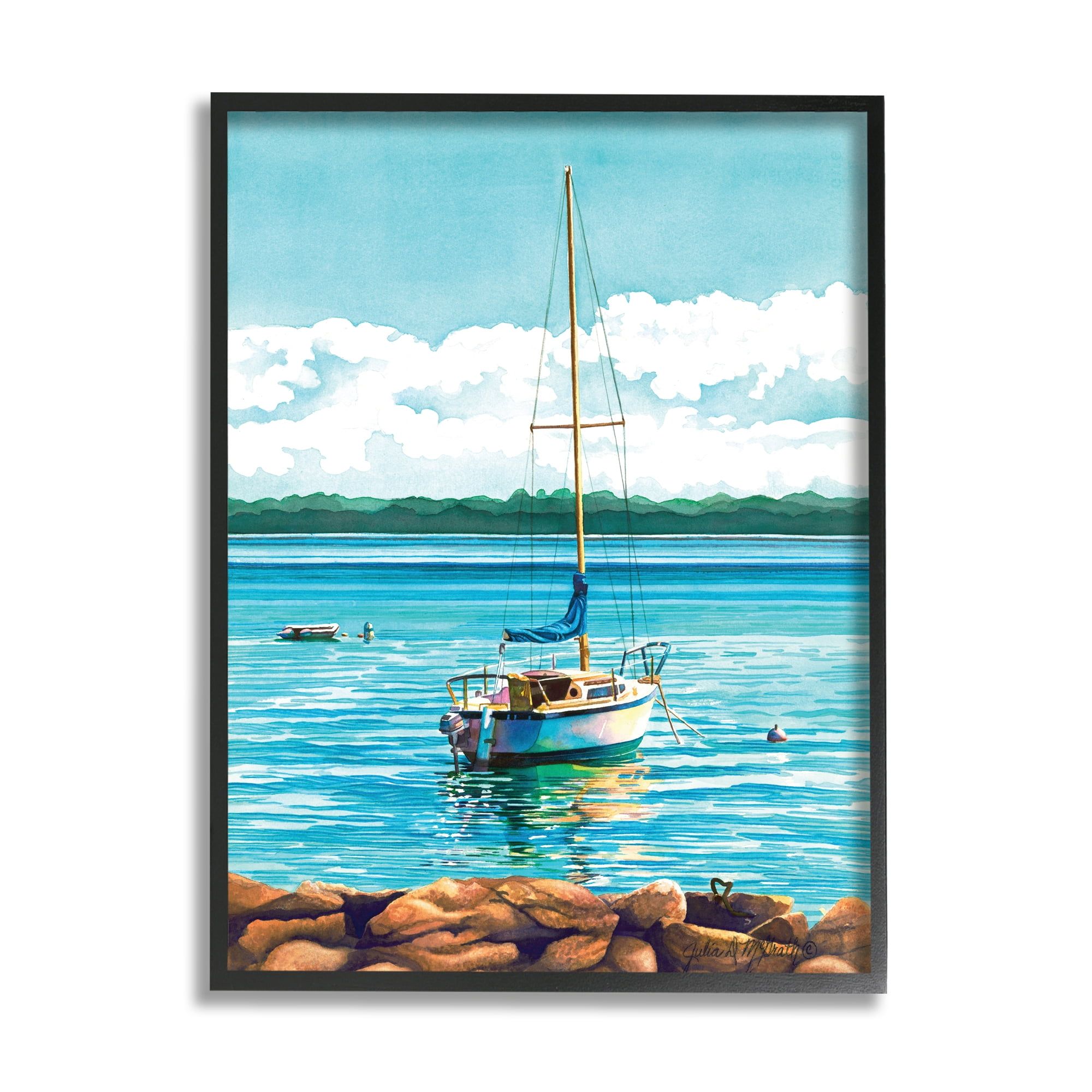 Black Framed Sailboat Rocky Shoreline Landscape Print, 11 x 14