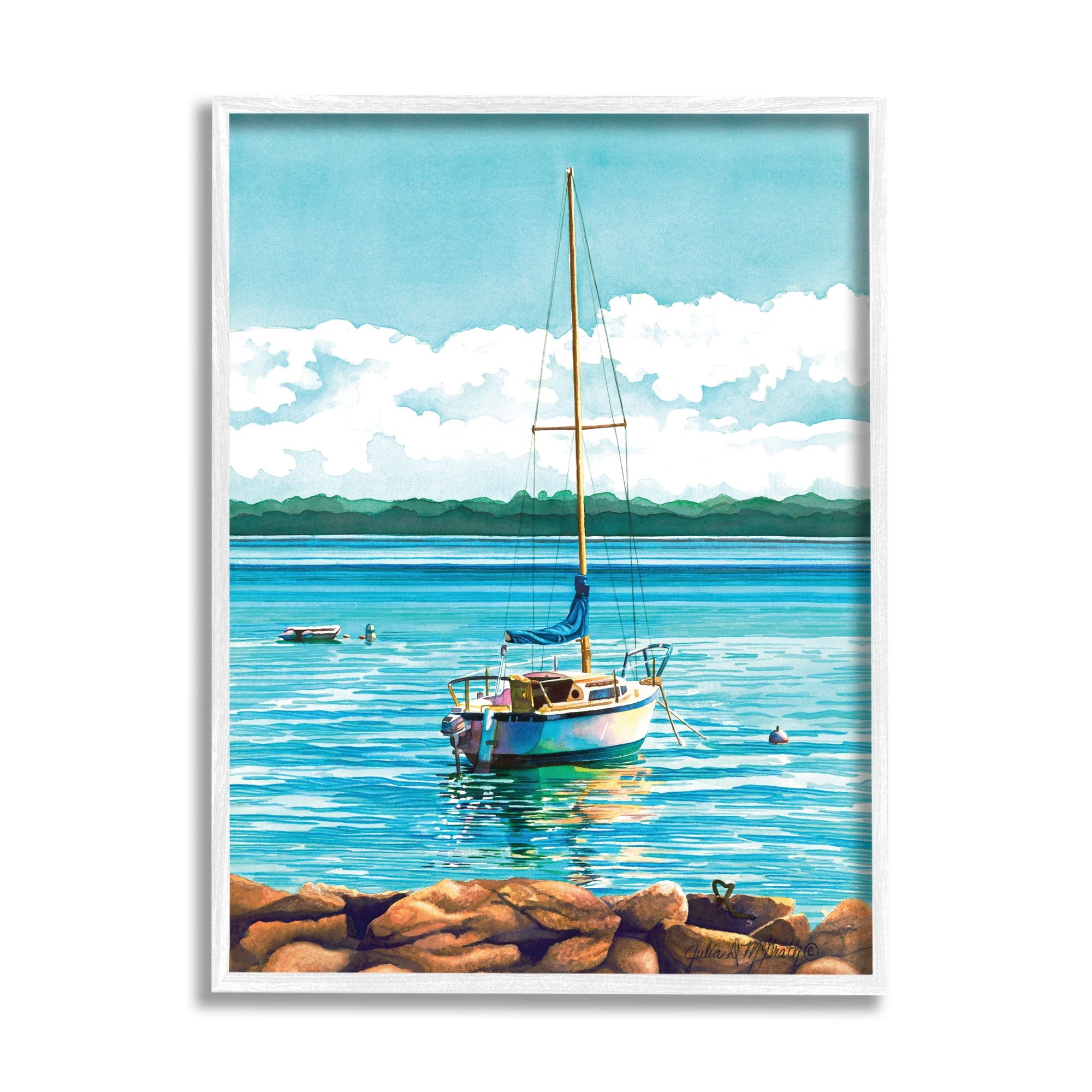 White Framed Sailboat Rocky Shoreline Landscape Art Print, 11 x 14