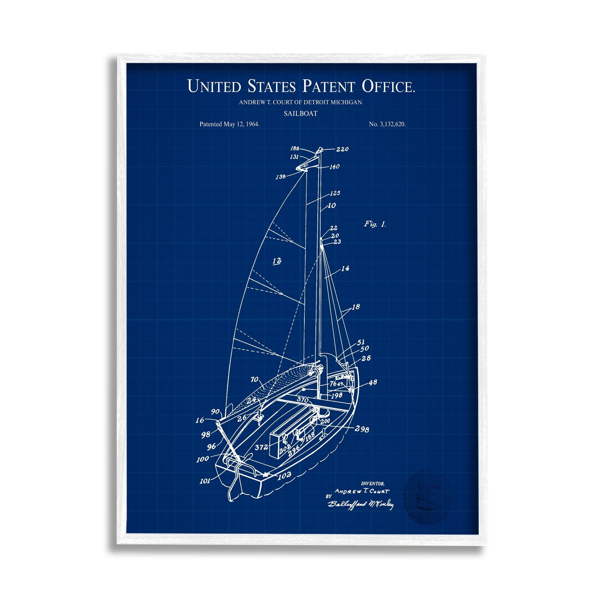 Sailboat Blueprint Print on Canvas with White Frame, 11 x 14