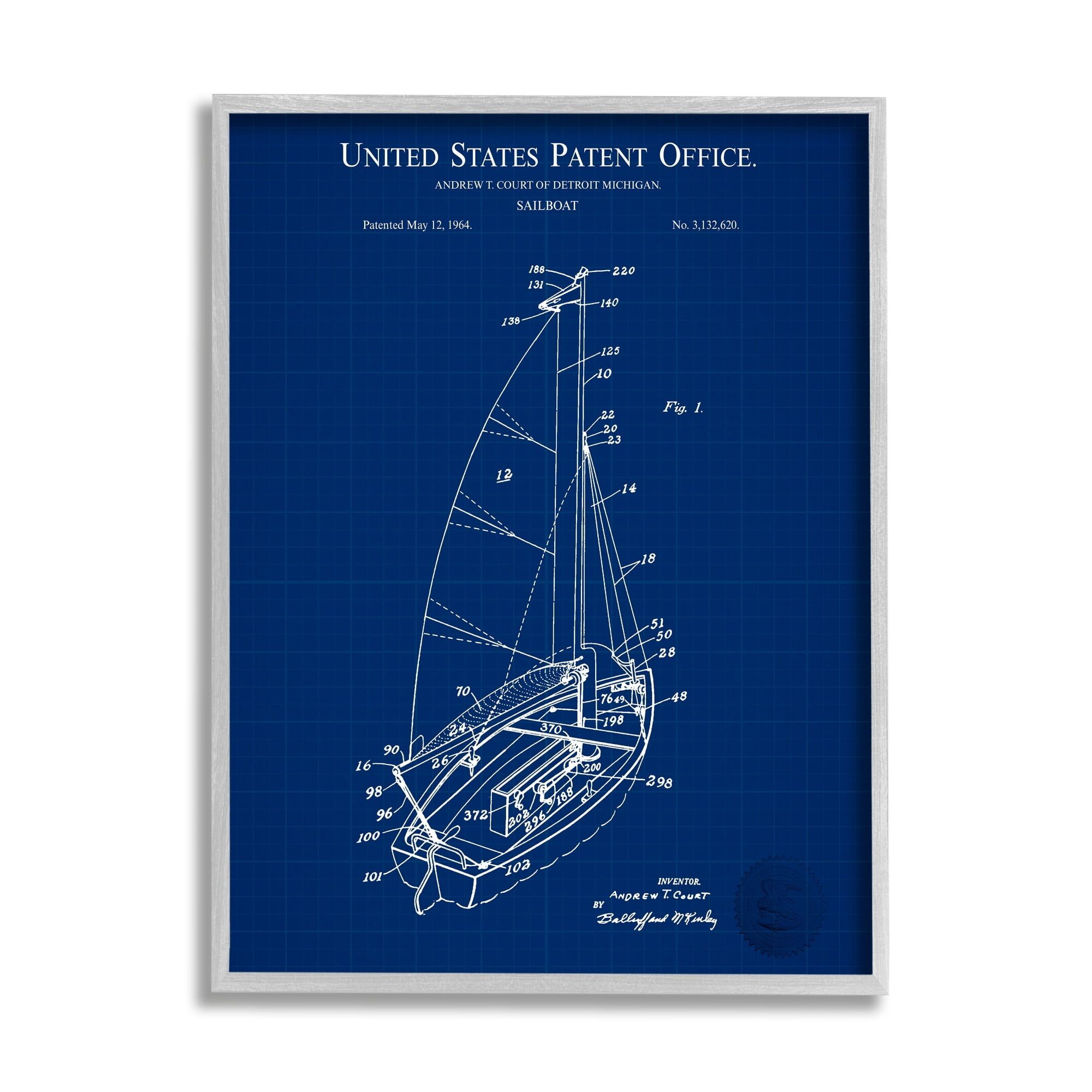 Sailboat Blueprint Print on Canvas with White Frame, 11 x 14