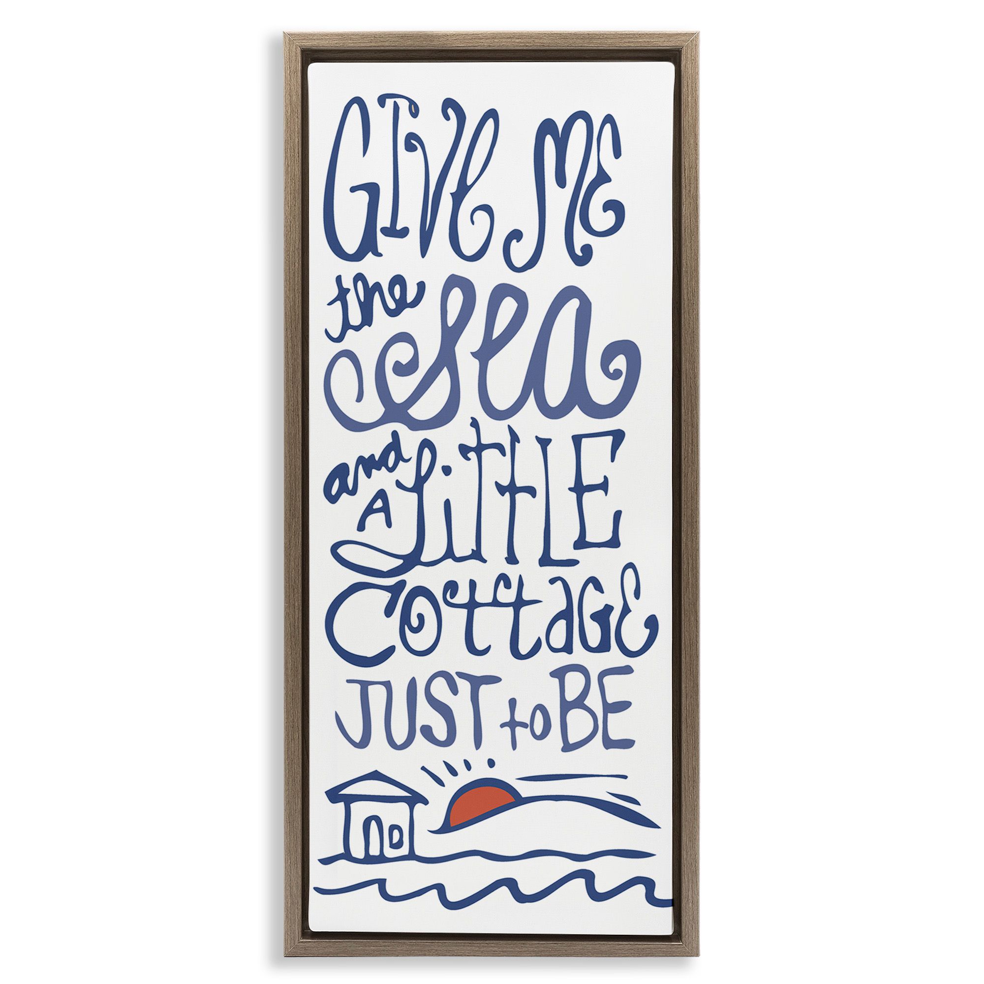 Stupell Industries Sea & Cottage Beach Life Calligraphy Nature Painting Brown Floater Framed Canvas Art Print Wall Art, 15 x 31