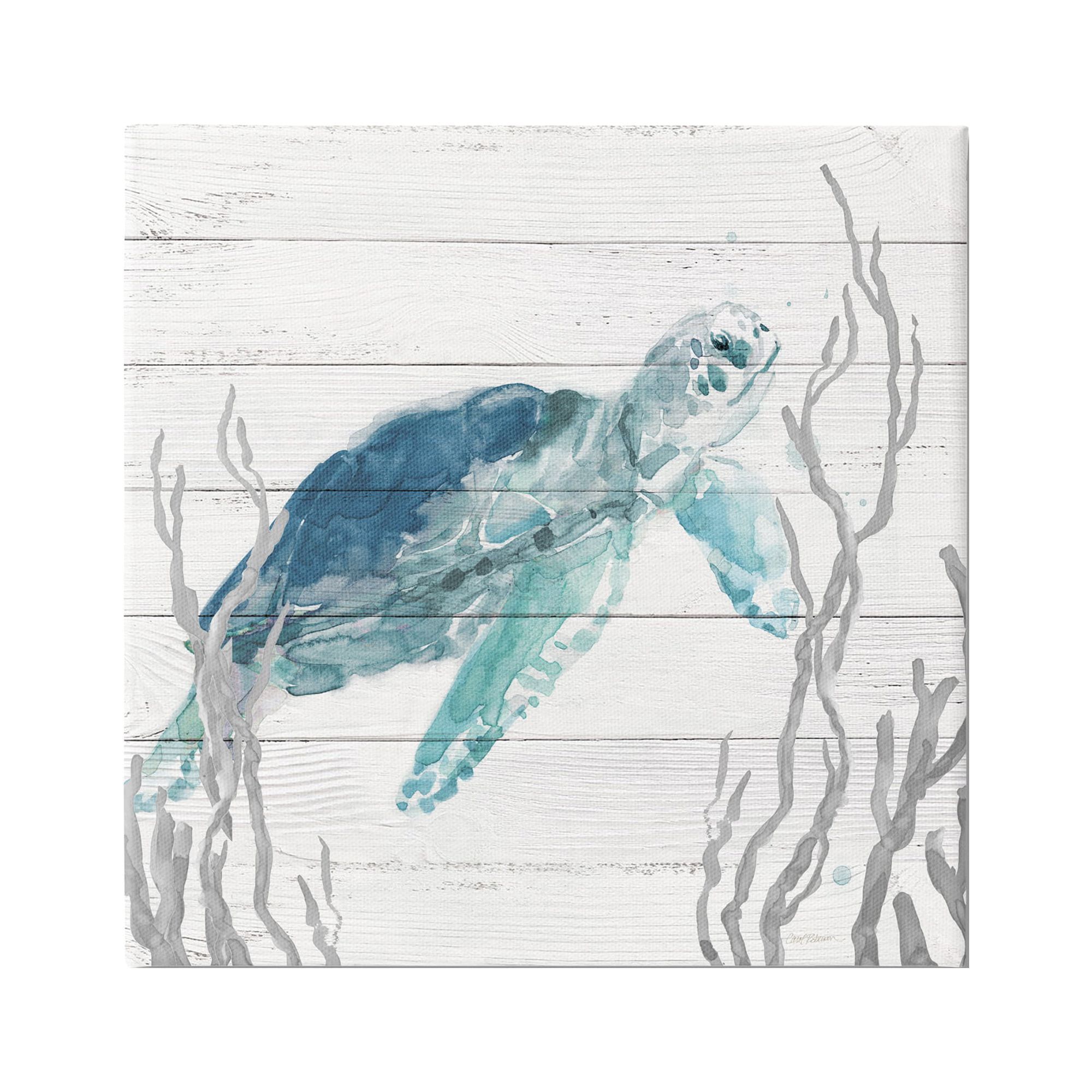 Sea Turtle Ocean Botanicals Blue and Gray Canvas Wall Art