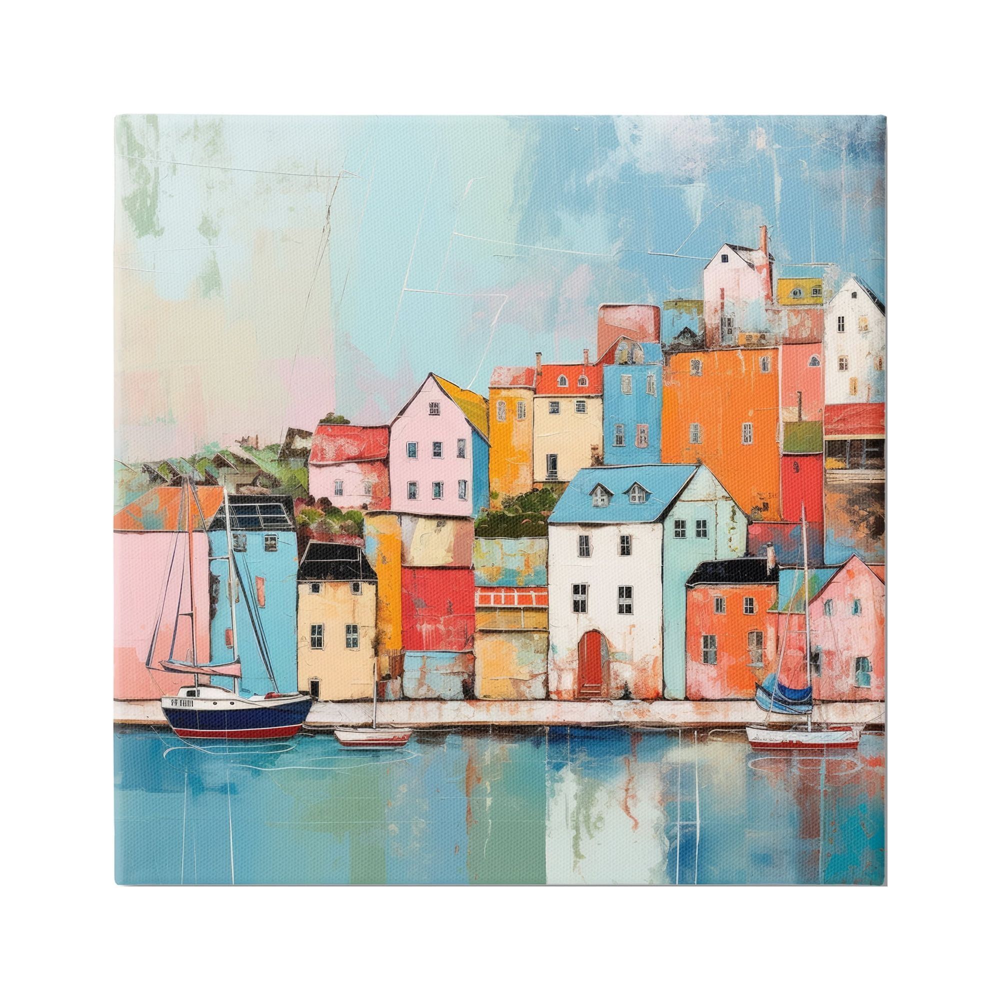 Colorful Coastal Town Landscape Canvas Art Print, 17 x 17