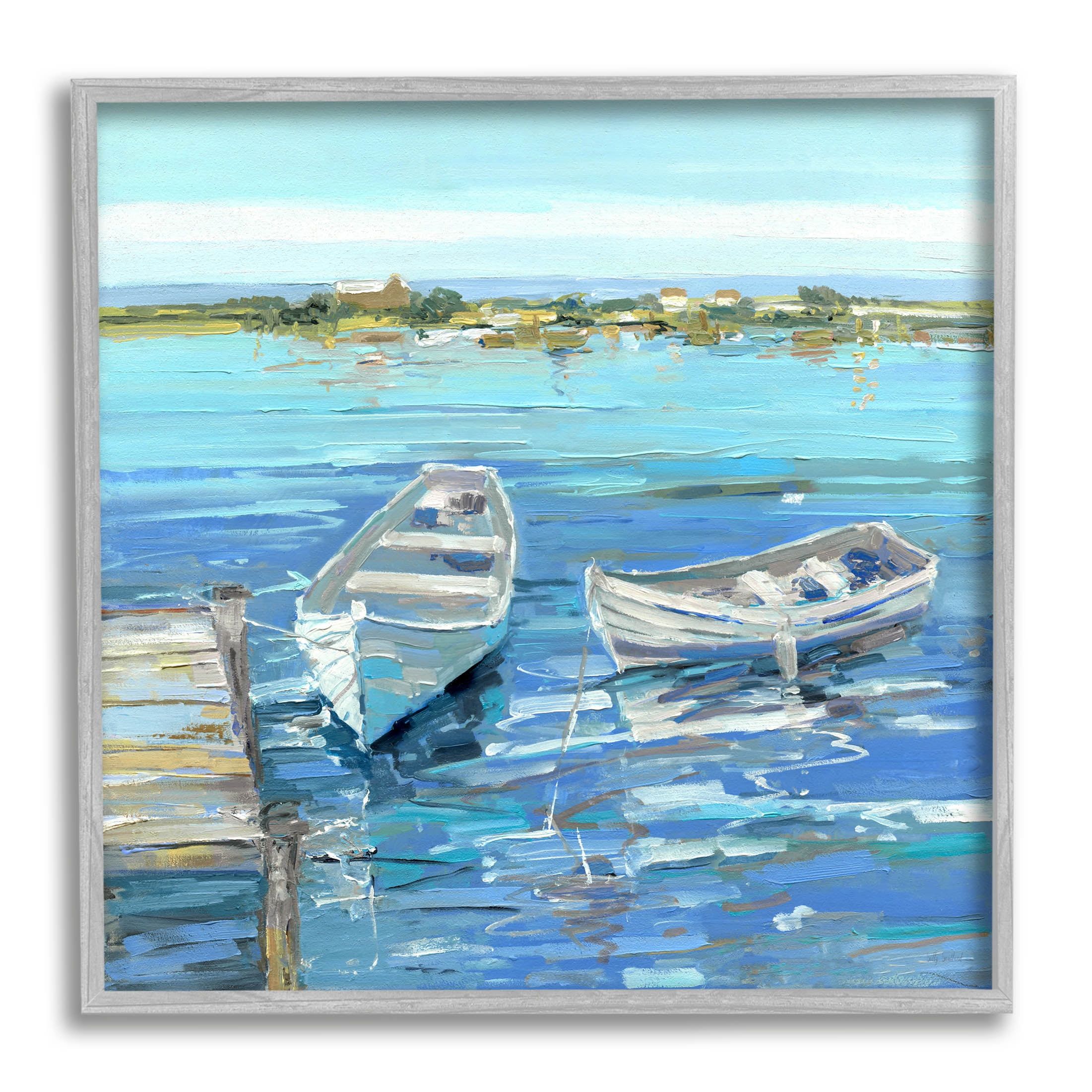Serene Blue and White Rowboats Canvas Print with Gray Frame