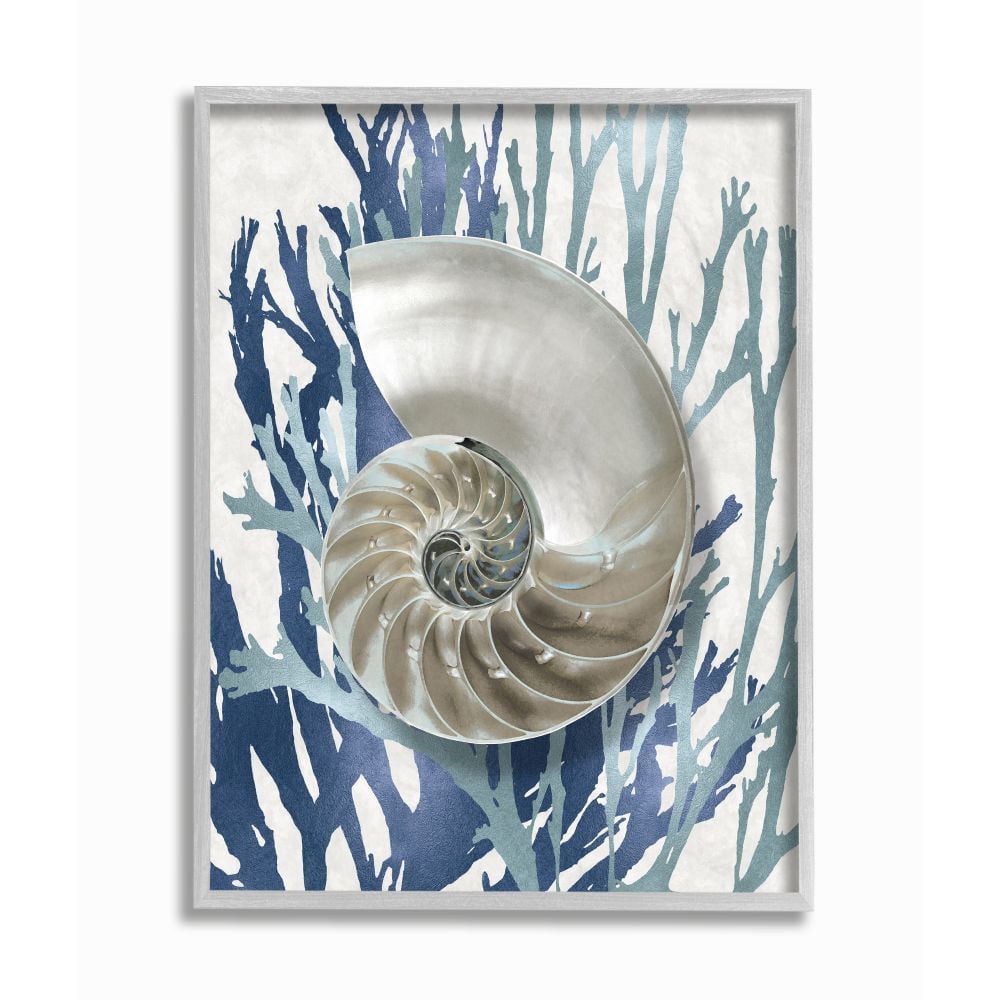 Blue Coral and Shell 11x14 Canvas Print with Gray Frame