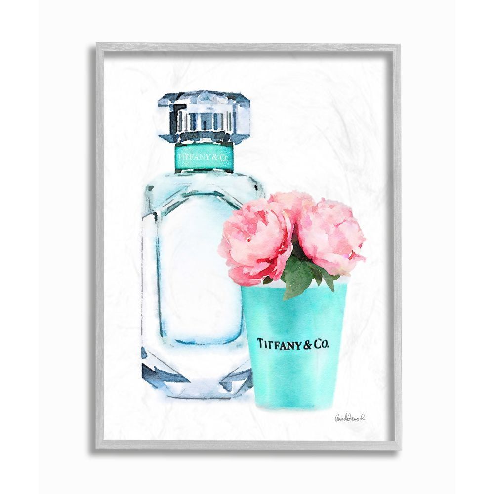 Teal Perfume Bottle and Pink Peonies Canvas Art in Gray Frame