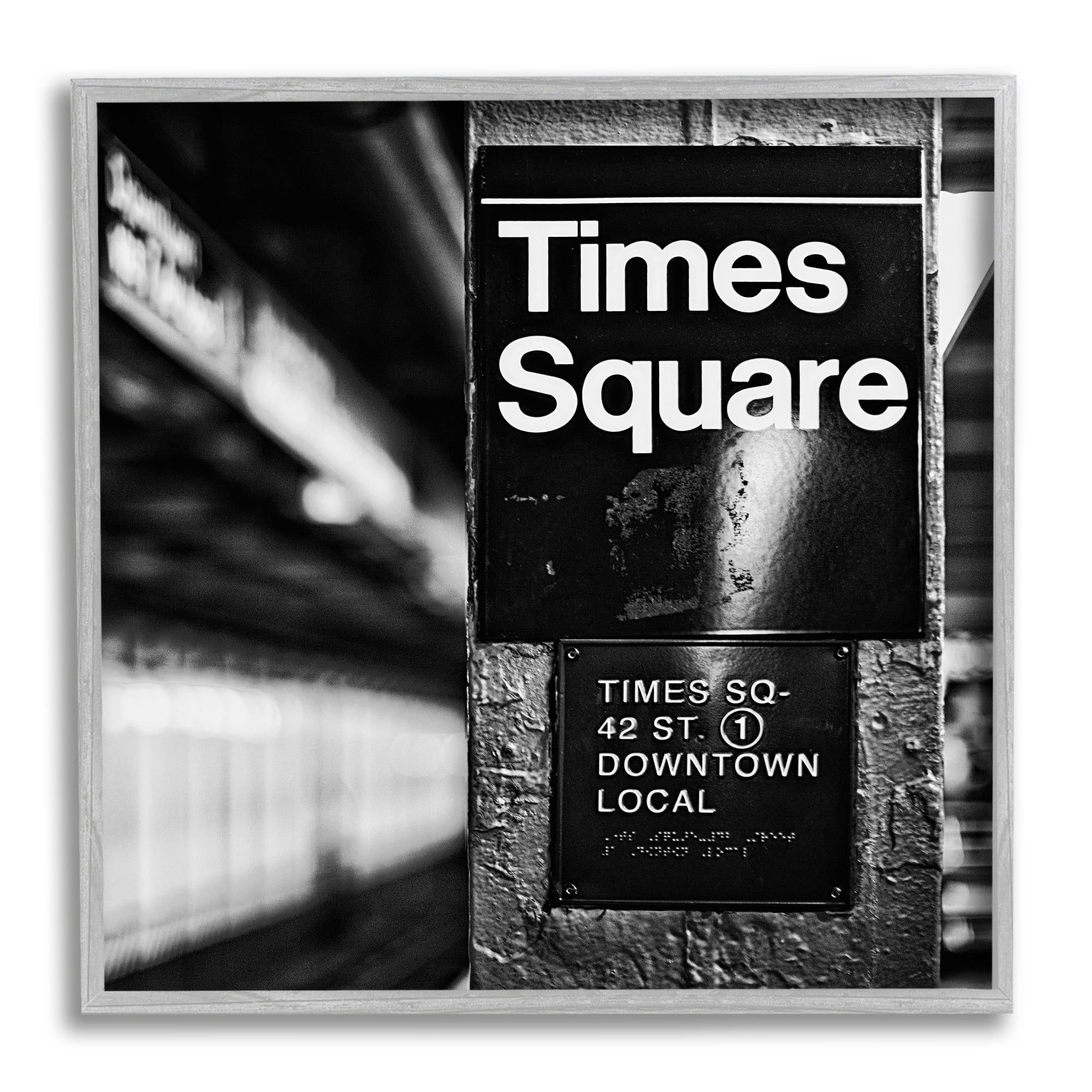 Gray Framed Black and White Times Square Subway Print, 17 x 17