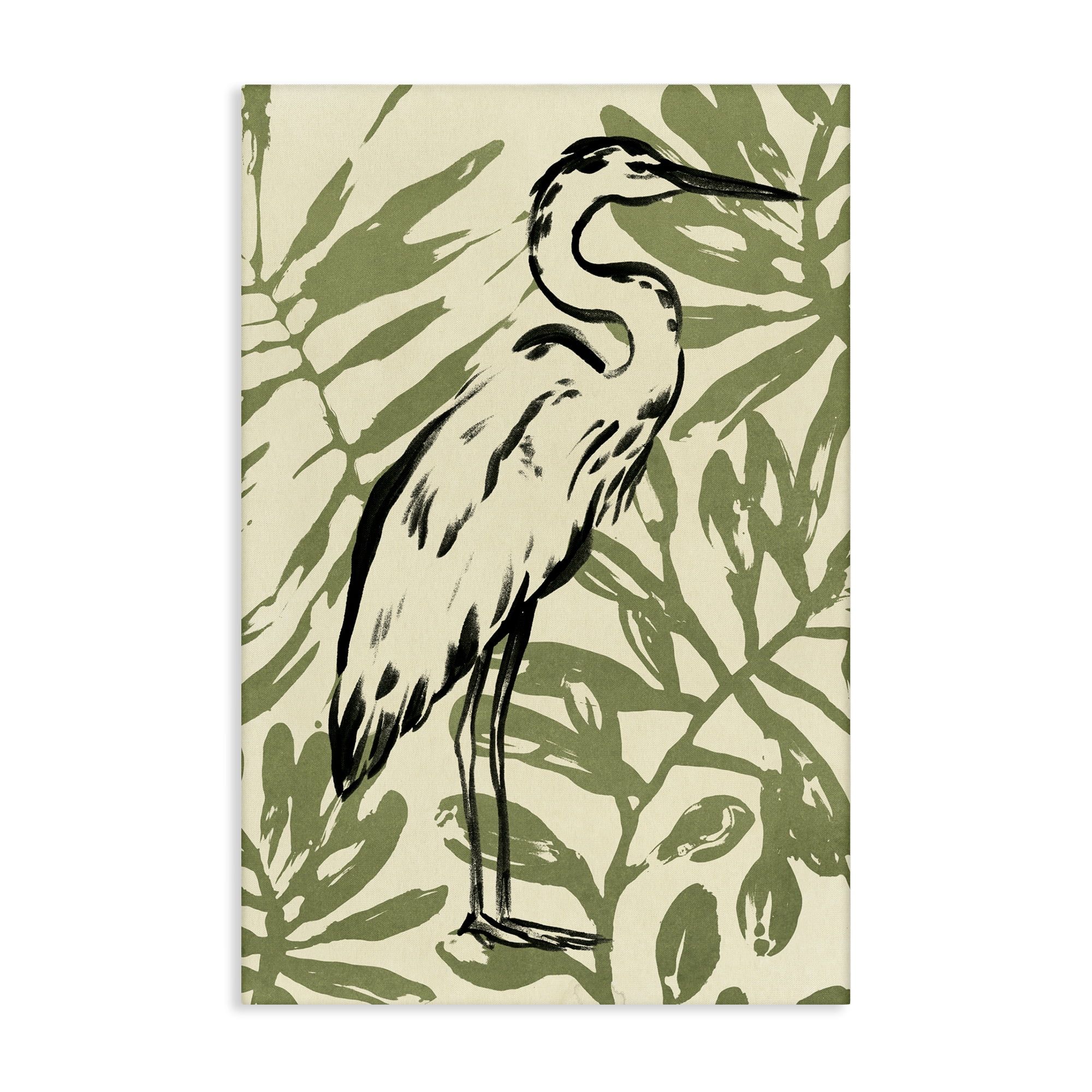 Tropical Green and Beige Heron Bird Canvas Wall Art, 20 x 30
