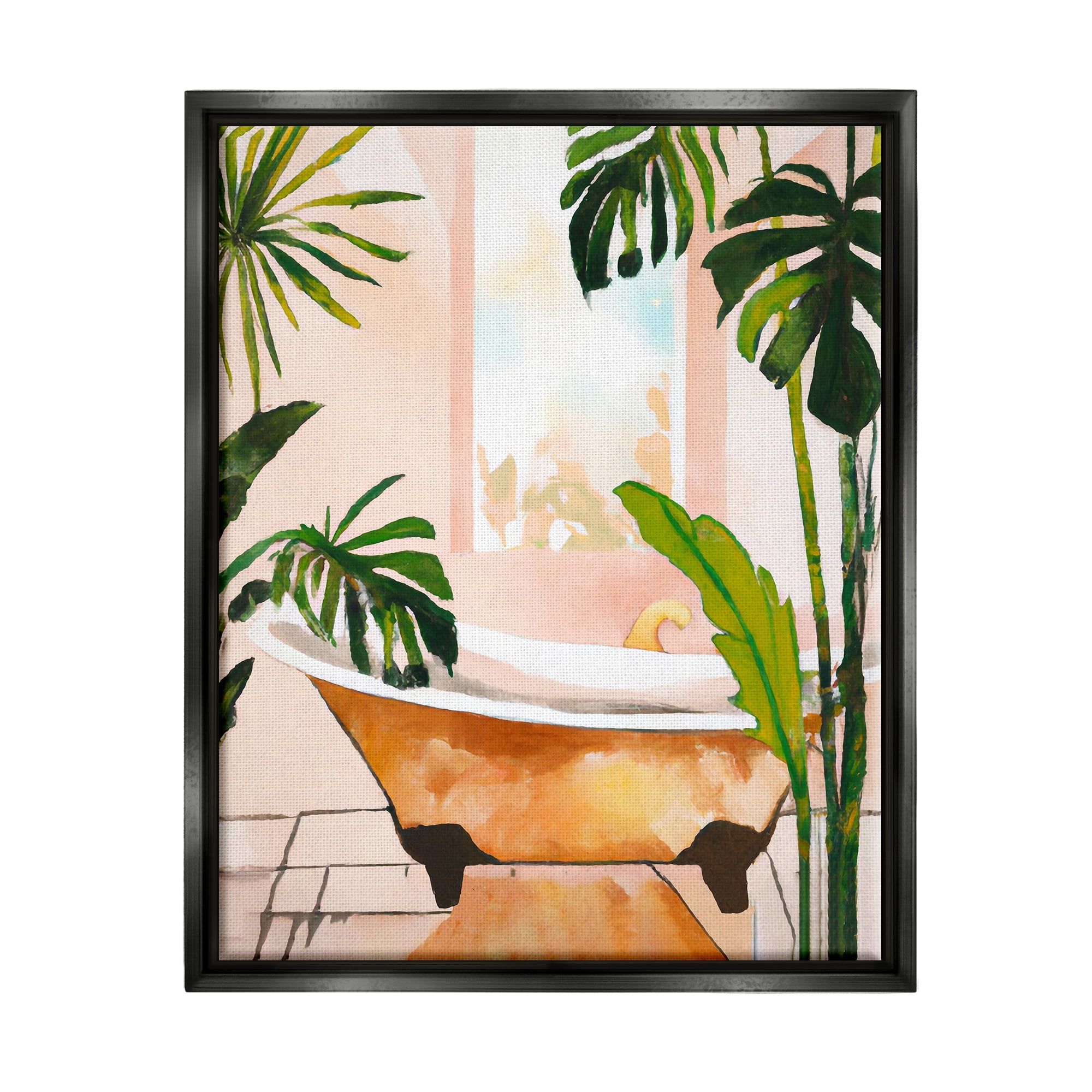 Tropical Plants and Bathtub Abstract Canvas Art in Black Frame, 17 x 21