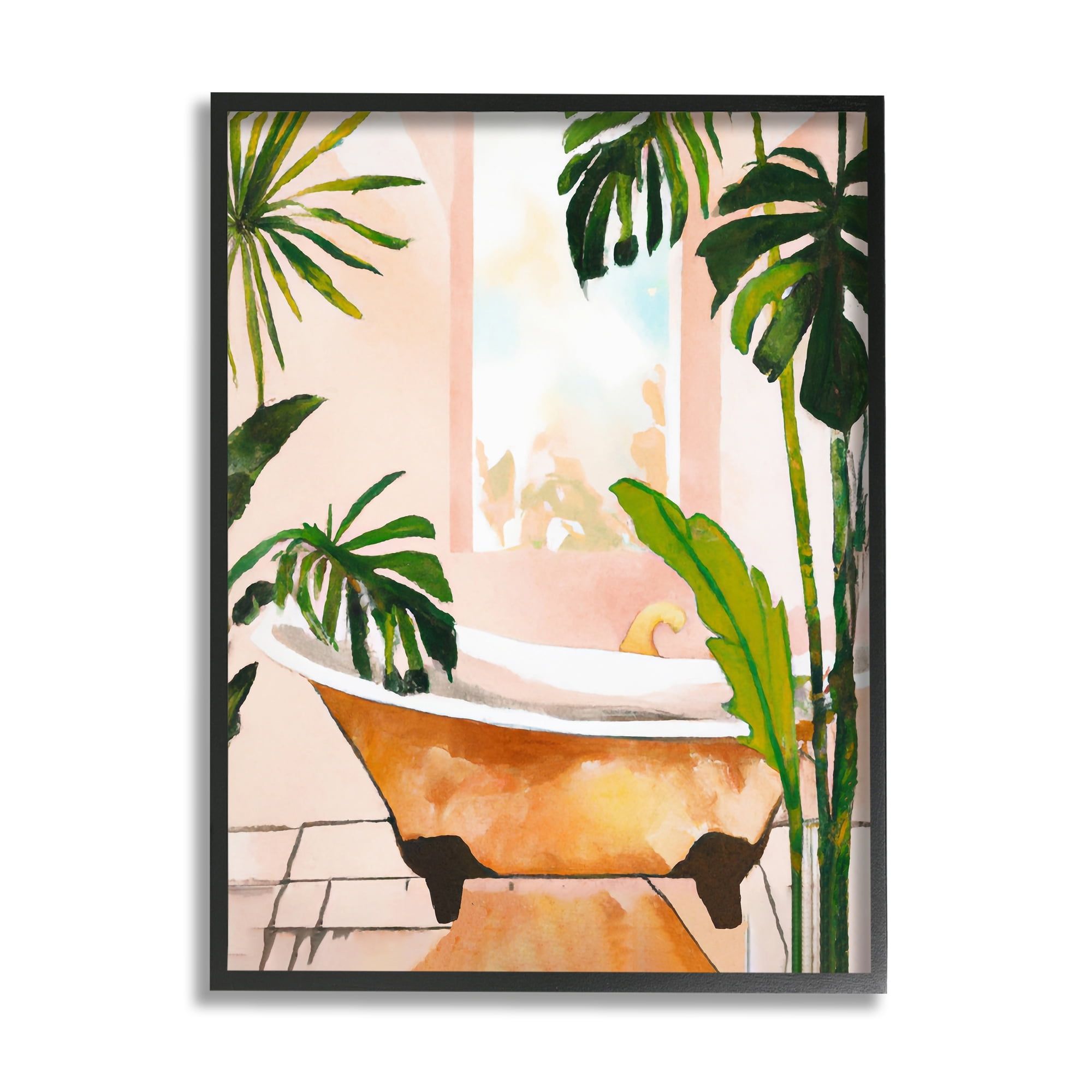 Tropical Plants and Bathtub Canvas Print with Black Frame