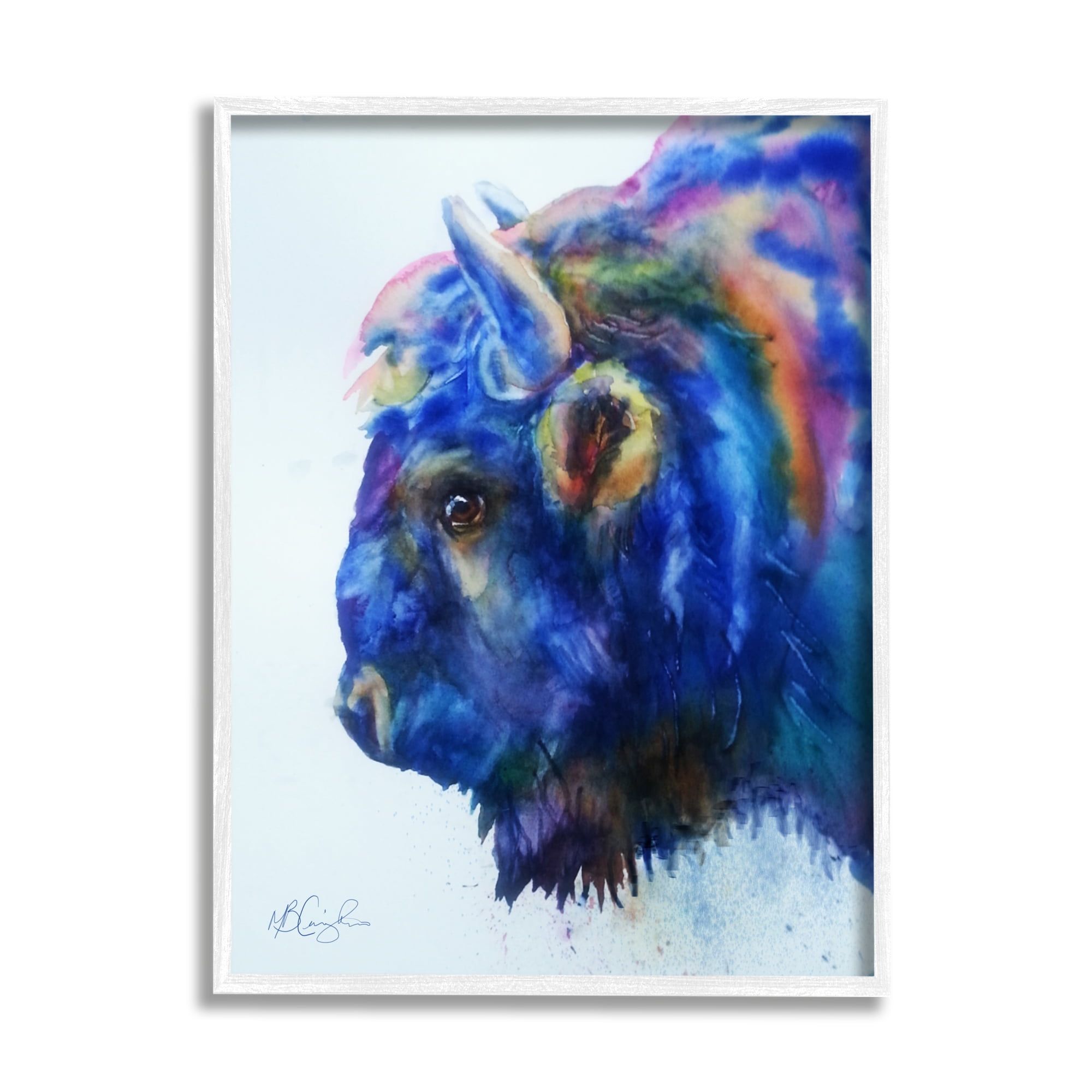 Vibrant Blue Bison Painting with White Frame, 24 x 30