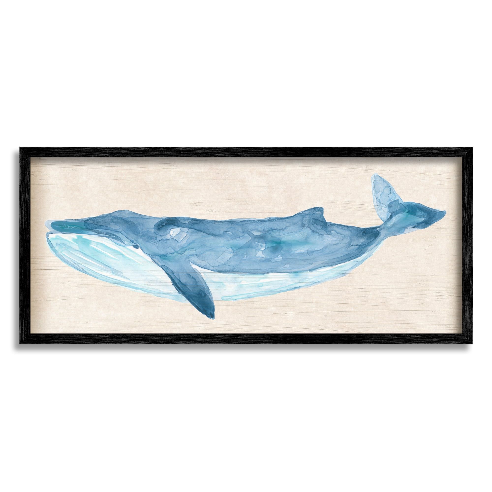 Blue Whale on Beige Framed Wood Wall Art, 24 x 10