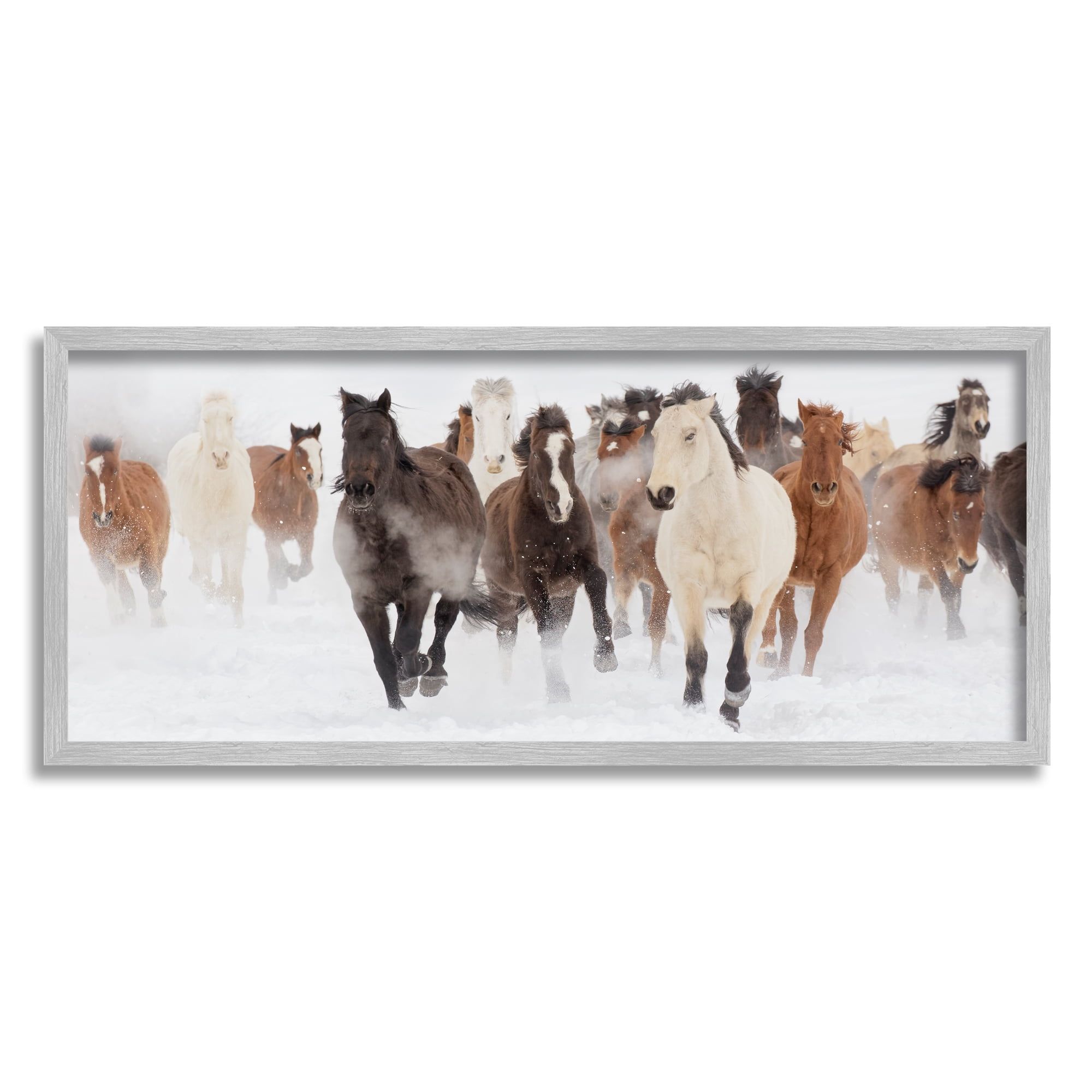 Wild Horses Running in Snow Gray Framed Print, 30 x 13