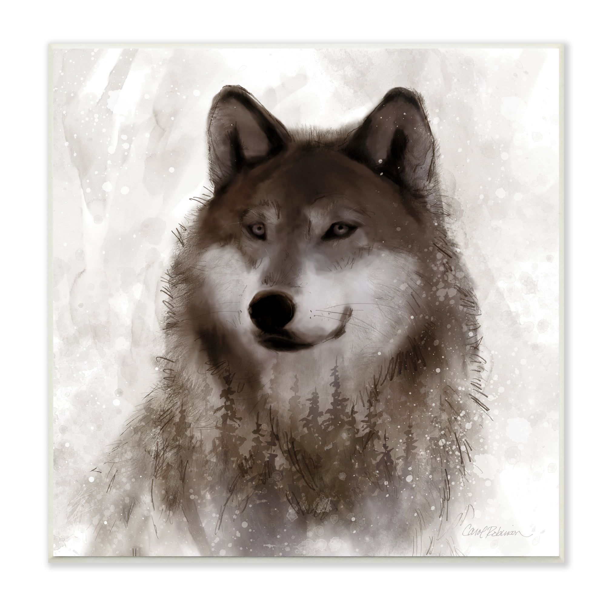 Woodland Wolf Portrait Abstract Fir Tree Forest 12" x 12" MDF Wall Art