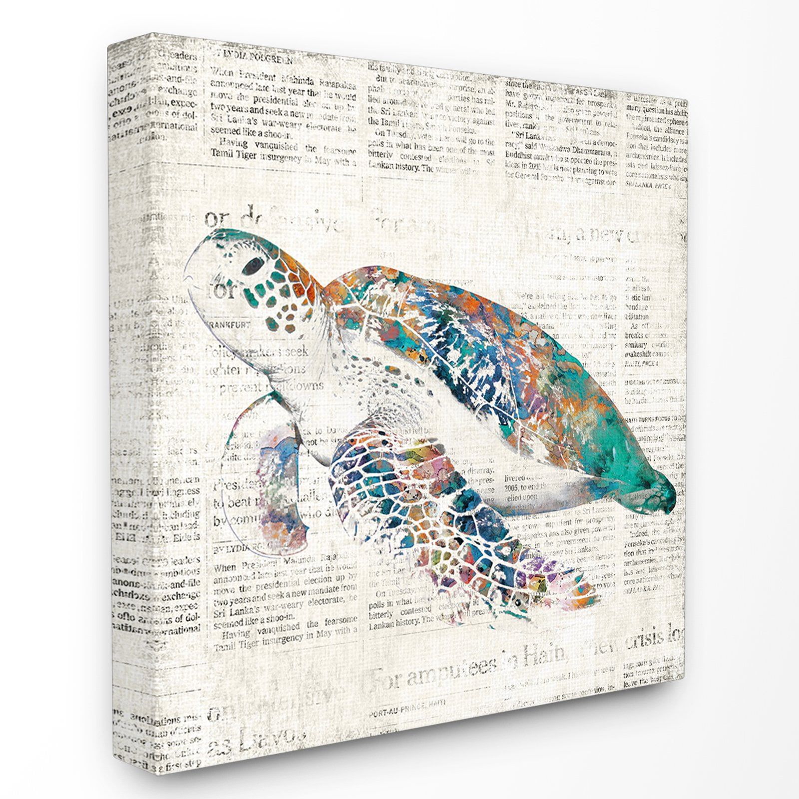 Sea Turtle on Aged Newspaper 30x30 Canvas Wall Art