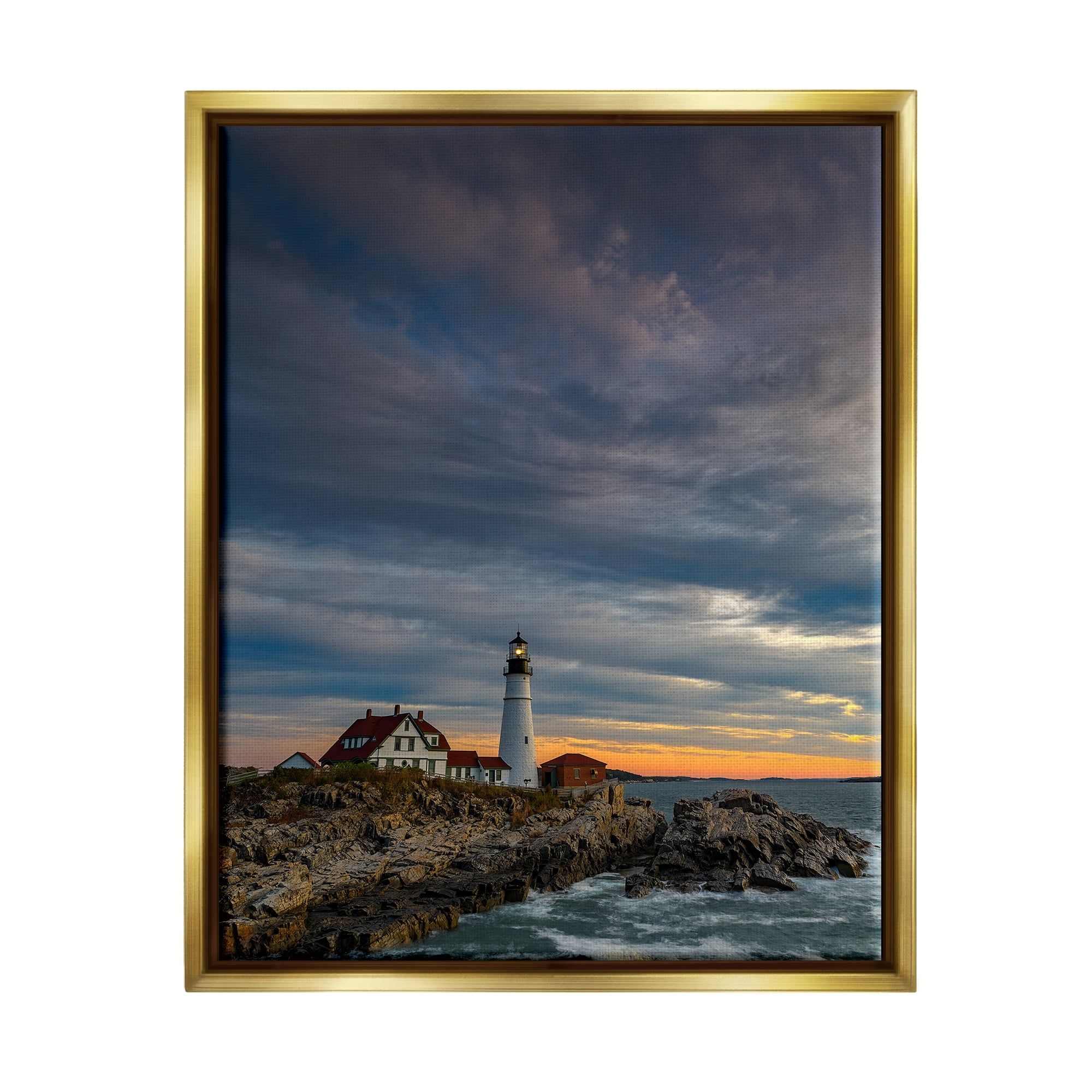 Gold Floater Framed Seaside Lighthouse Coastal Landscape Art
