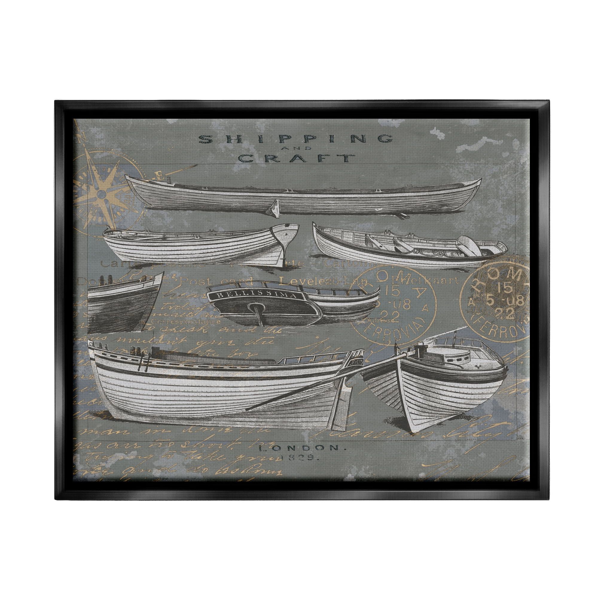 Modern Black Framed Canvas Print of Vintage Boats, 21 x 17 Inches