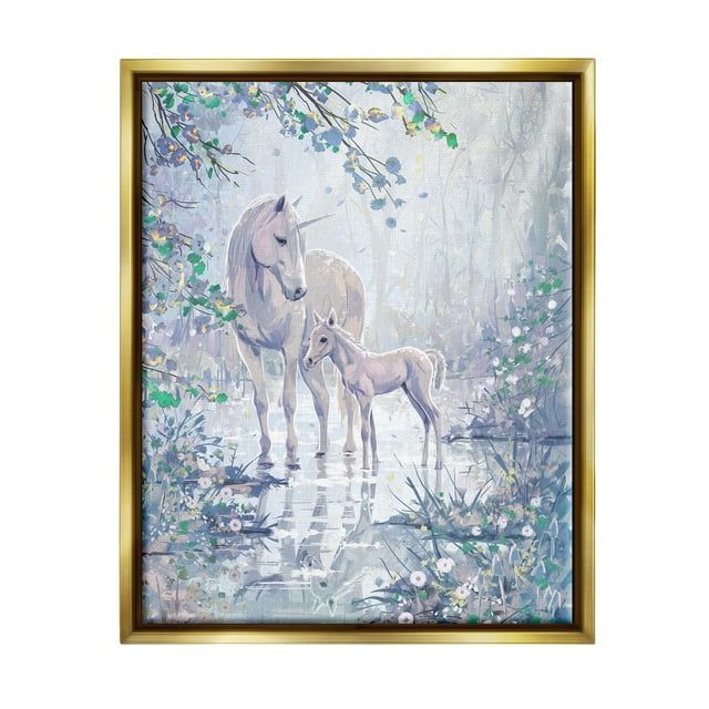 Gold Framed Unicorn and Foal Fantasy Forest Wall Art for Kids